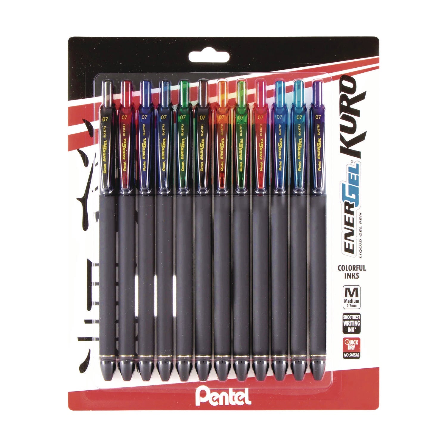 Pentel® EnerGel Kuro Gel Pen, Retractable, Medium 0.7 mm, Assorted Ink Colors, Black Barrel, 12/Pack