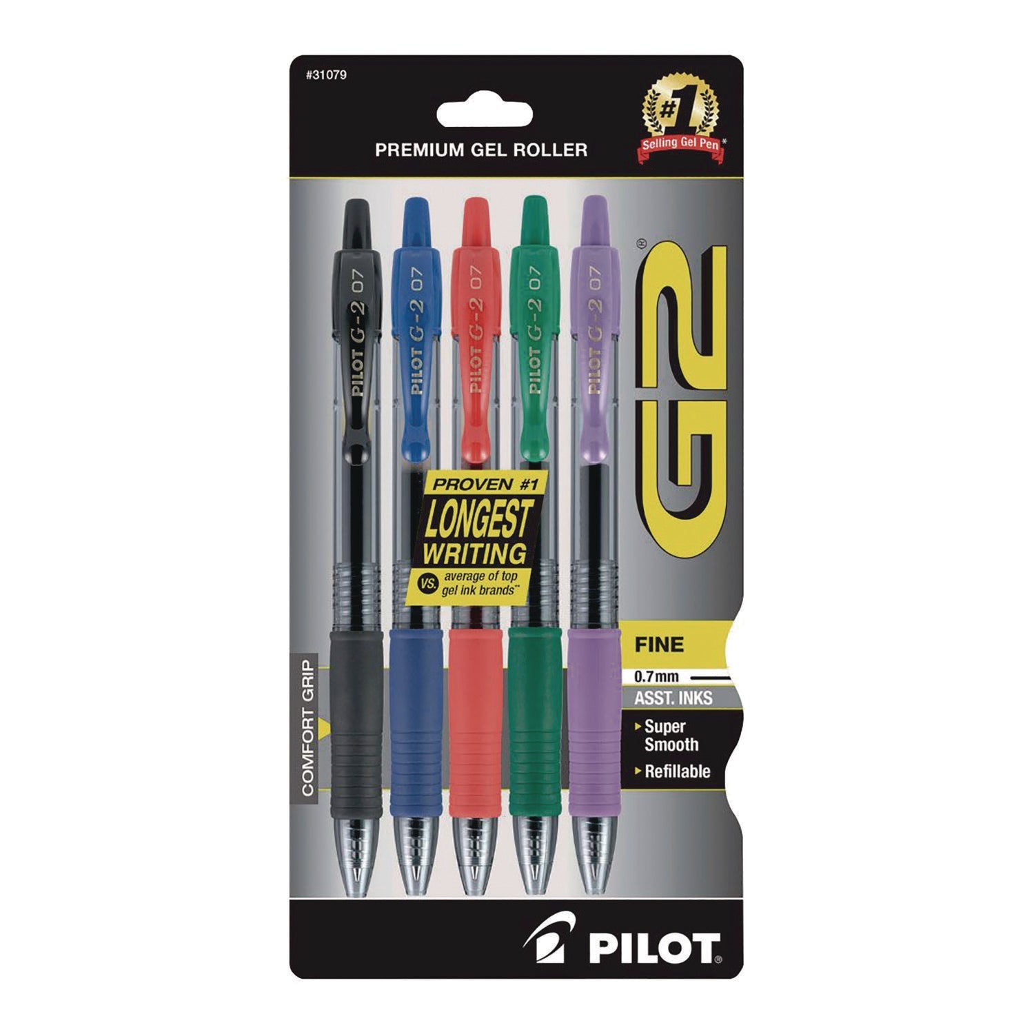 Pilot® G2 Premium Gel Pen, Retractable, Fine 0.7 mm, Assorted Ink and Barrel Colors, 5/Pack