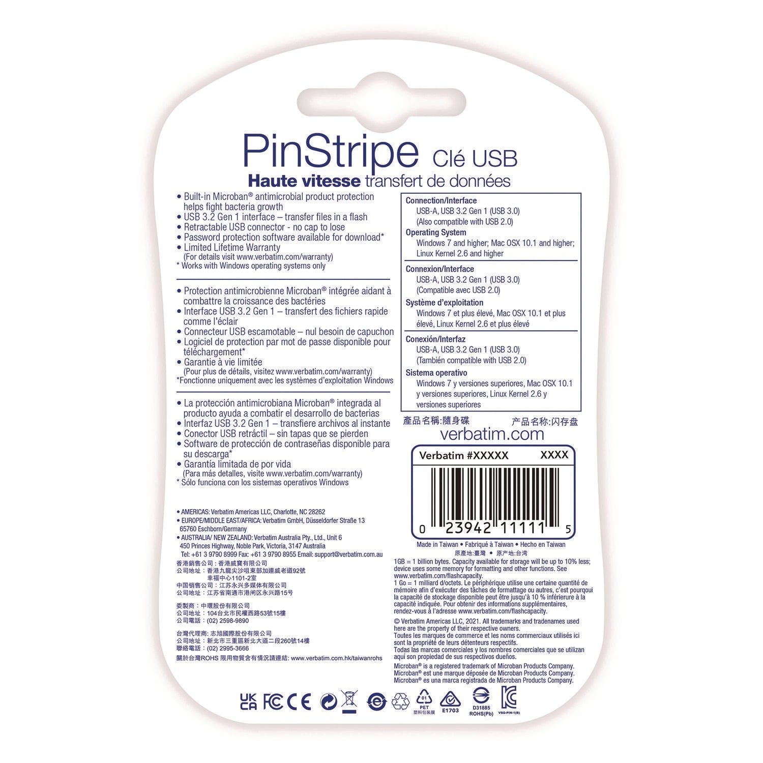 Verbatim® PinStripe USB 3.2 Flash Drive, 256 GB, Black
