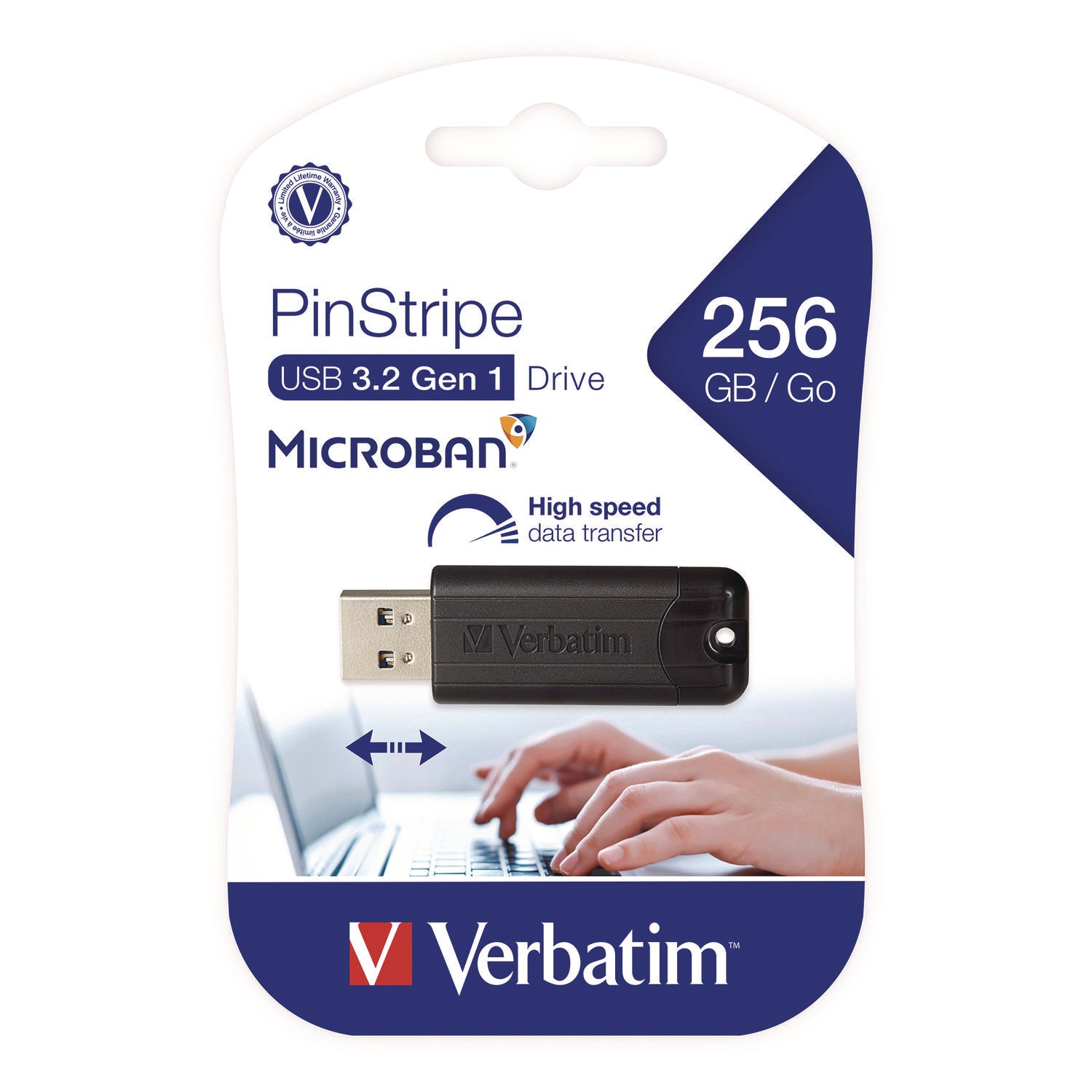 Verbatim® PinStripe USB 3.2 Flash Drive, 256 GB, Black