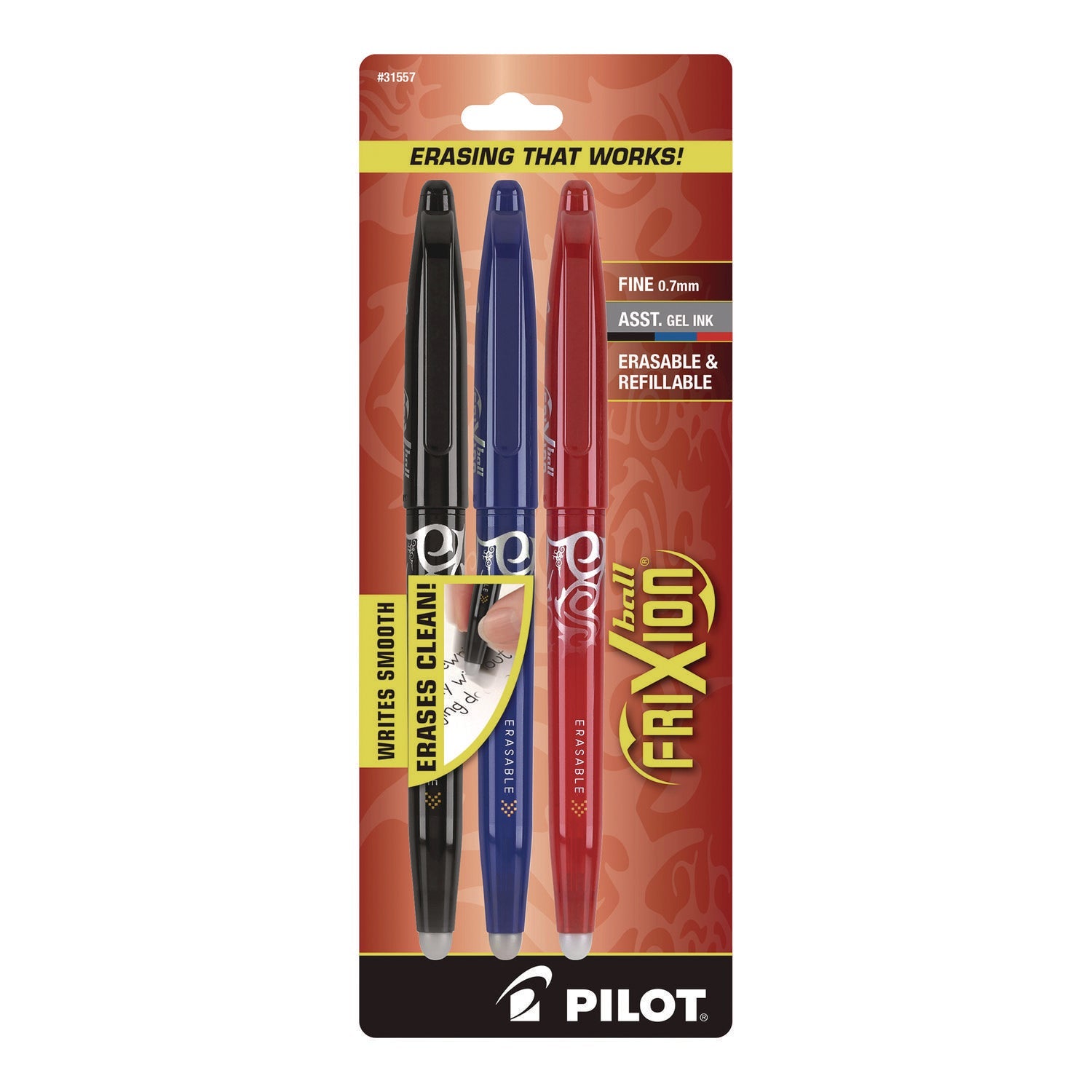 Pilot® FriXion Ball Erasable Gel Pen, Stick, Fine 0.7 mm, Assorted Ink and Barrel Colors, 3/Pack
