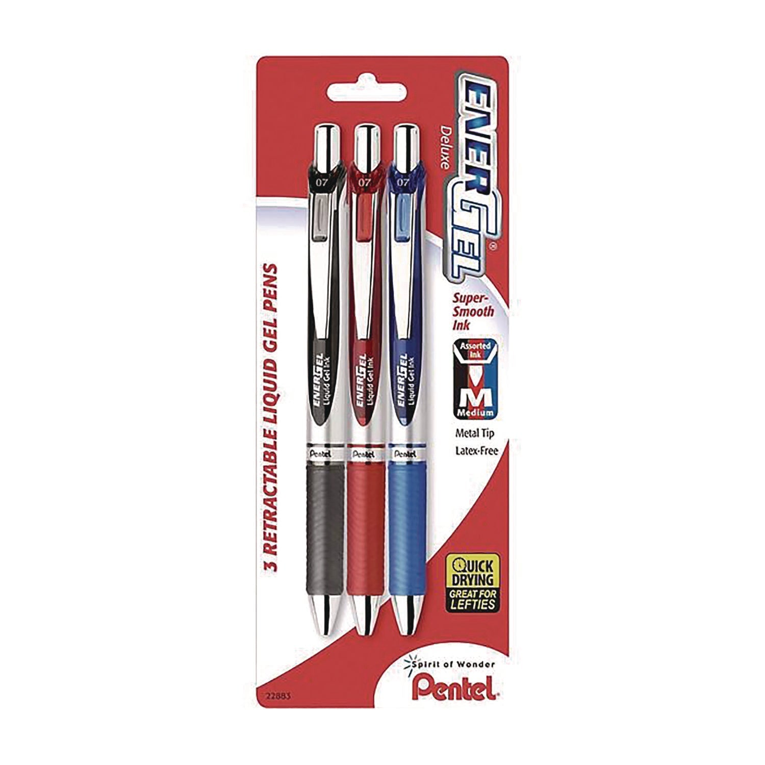 Pentel® EnerGel RTX Deluxe Gel Pen, Retractable, Medium 0.7 mm, Assorted Ink and Barrel Colors, 3/Pack