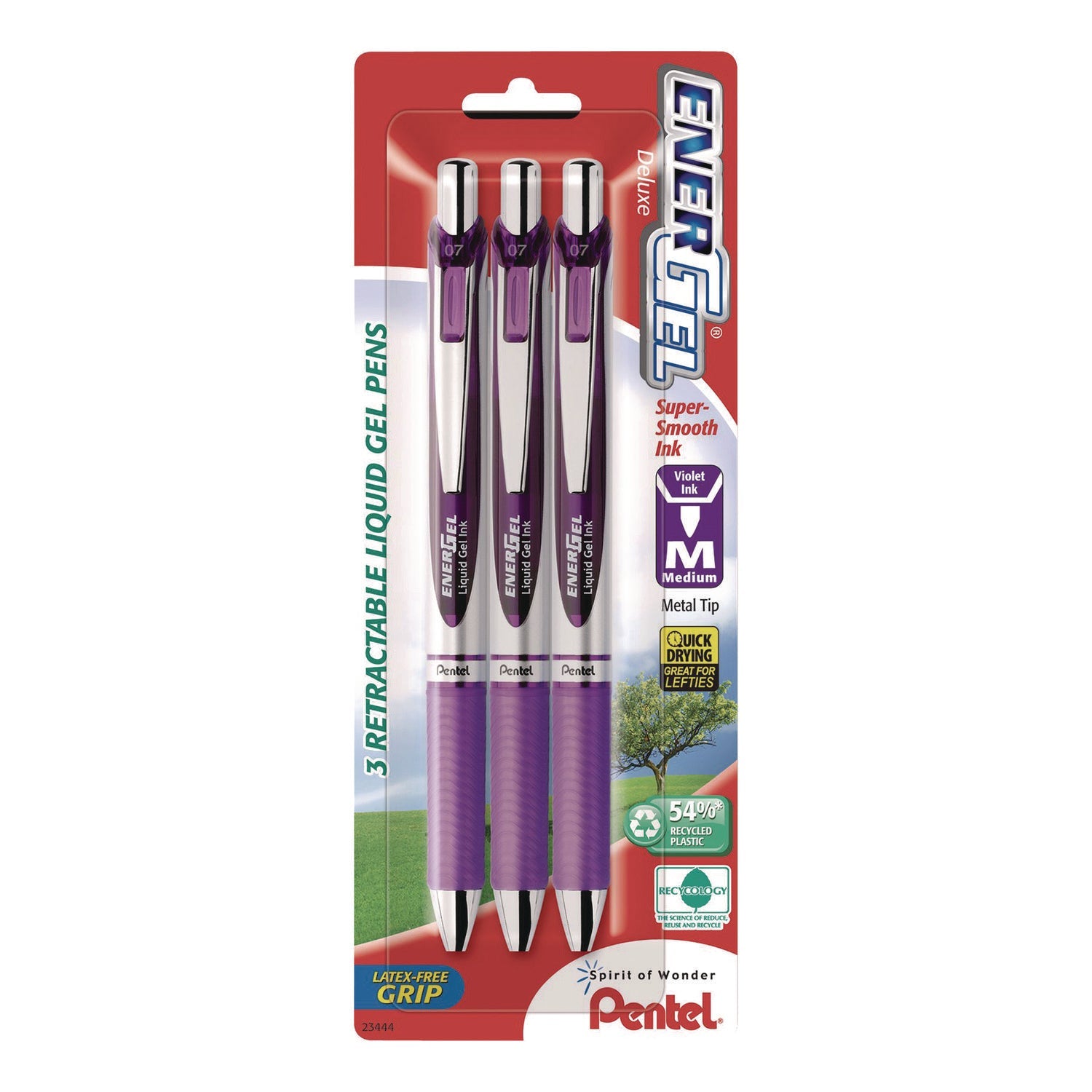 Pentel® EnerGel RTX Deluxe Gel Pen, Retractable, Medium 0.7 mm, Purple Ink, Purple/Silver Barrel, 3/Pack