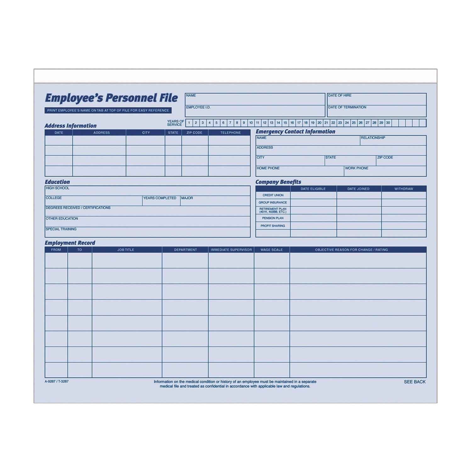 Adams® Employee Personnel File Jacket, Unpunched, Straight Tab, Letter Size, Blue, 20/Pack