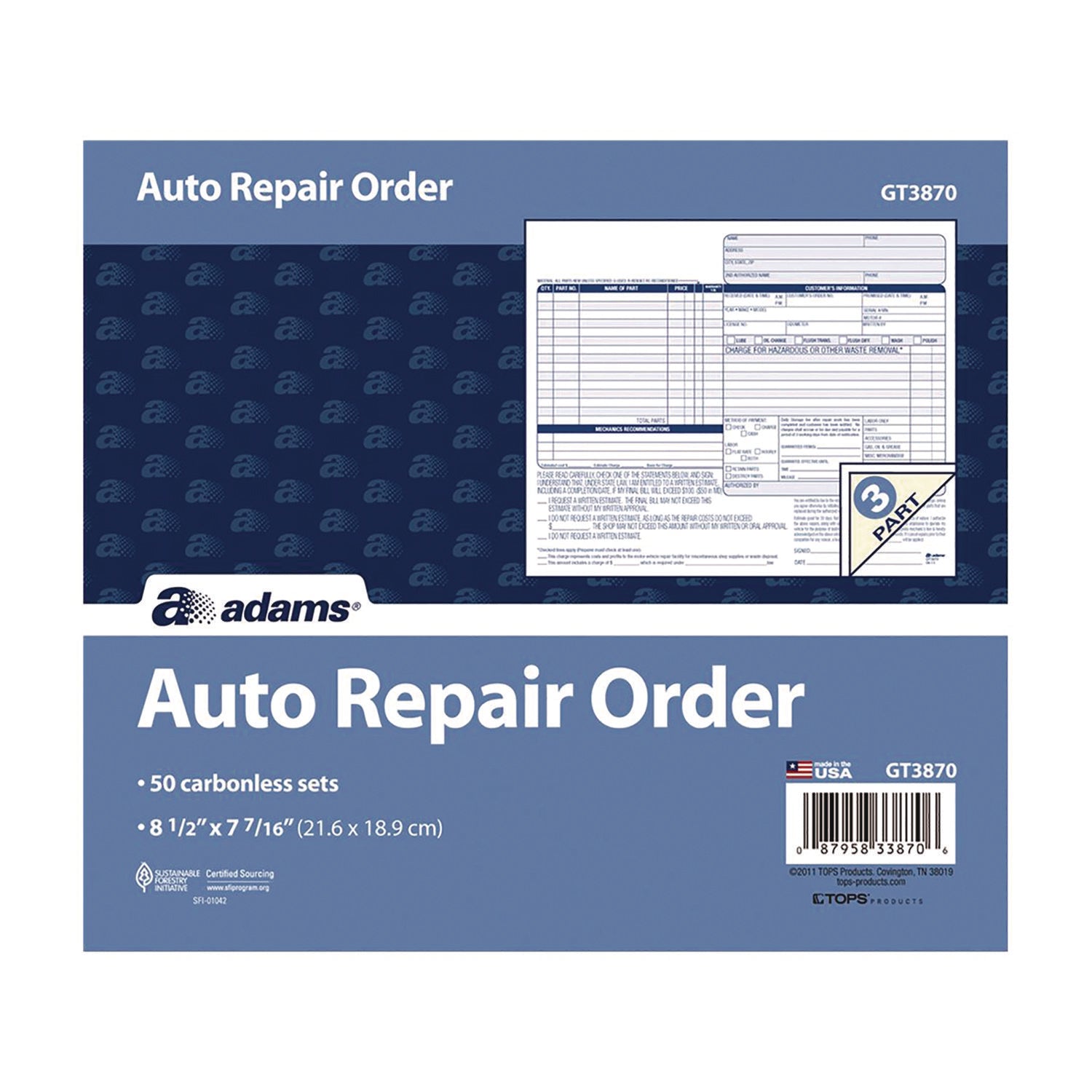 Adams® Multipart Auto Repair Work Order Forms, Three-Part Carbonless, 8.5 x 6.94, 50 Forms Total - Bloom Skins