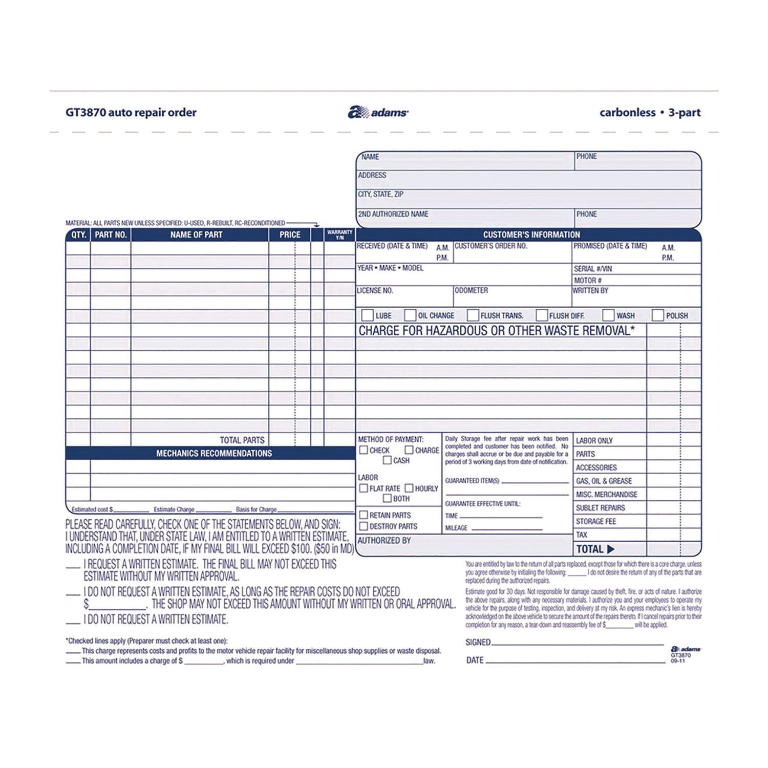Adams® Multipart Auto Repair Work Order Forms, Three-Part Carbonless, 8.5 x 6.94, 50 Forms Total - Bloom Skins