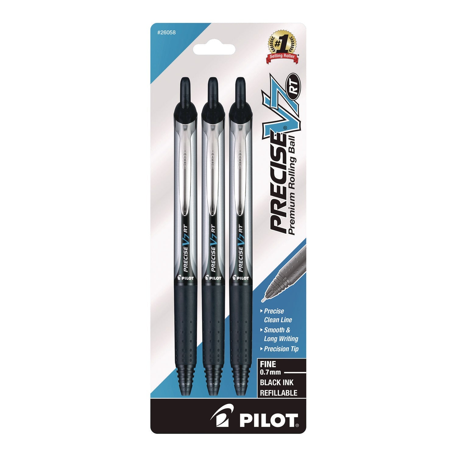 Pilot® Precise V7RT Rollerball Pen, Retractable, Fine 0.7 mm, Black Ink, Black Barrel, 3/Pack