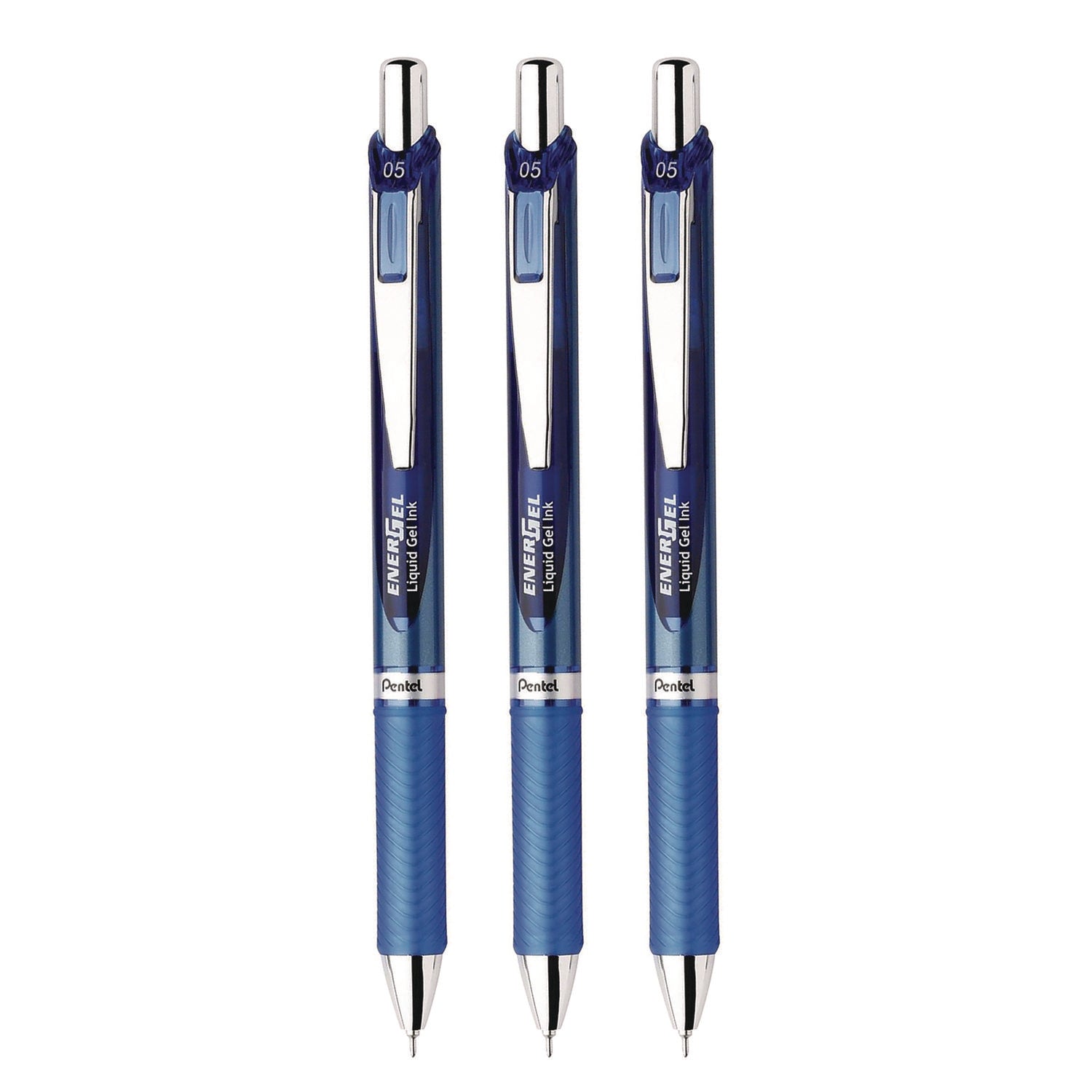 Pentel® EnerGel RTX Deluxe Gel Pen, Retractable, Fine 0.5 mm, Blue Ink, Blue/Silver Barrel, 3/Pack