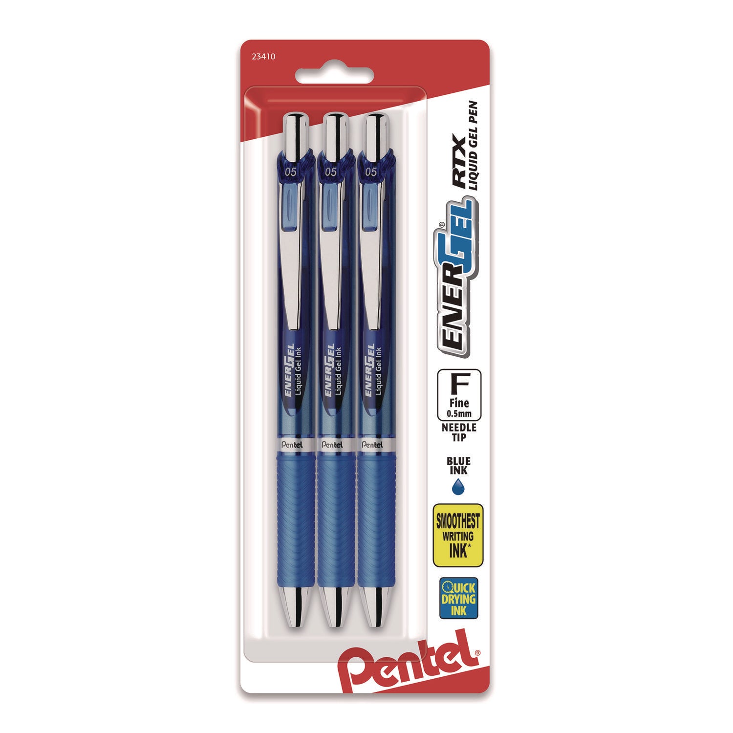 Pentel® EnerGel RTX Deluxe Gel Pen, Retractable, Fine 0.5 mm, Blue Ink, Blue/Silver Barrel, 3/Pack
