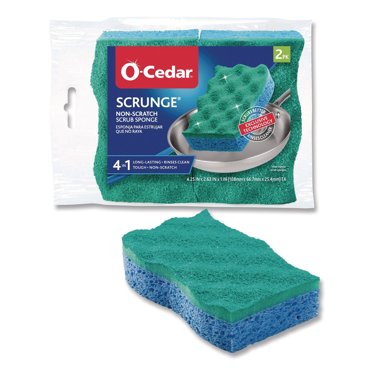 O-Cedar® Scrunge Non-Scratch Scrub Sponge, 2.63" x 4.25", 1" Thick, Green/Blue, 2/Pack