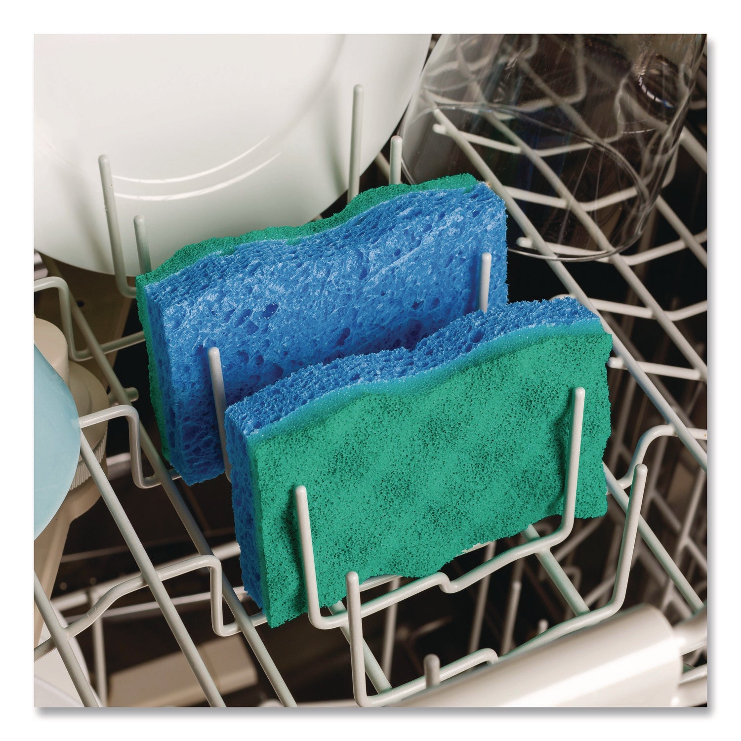 O-Cedar® Scrunge Non-Scratch Scrub Sponge, 2.63" x 4.25", 1" Thick, Green/Blue, 2/Pack