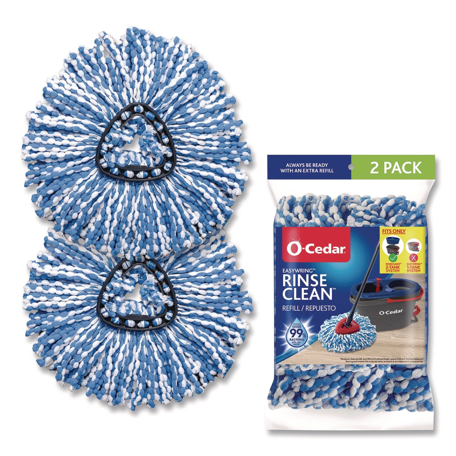 O-Cedar® Rinse Clean Refill, Microfiber, Custom Size for Rinse Clean Mop System, Blue/White, 2/Pack, 6 Packs/Carton