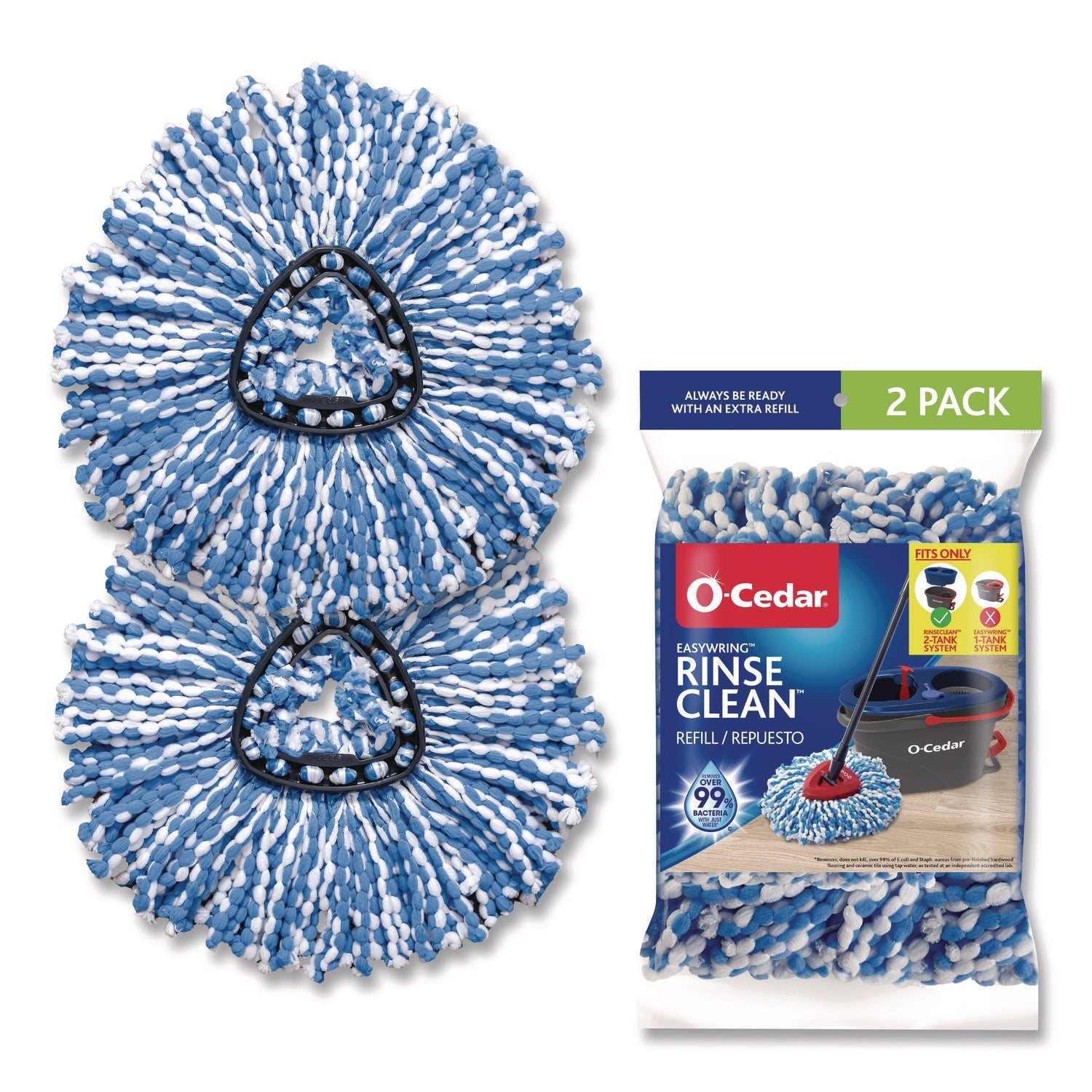 O-Cedar® Rinse Clean Refill, Microfiber, Custom Size for Rinse Clean Mop Systems, Blue/White, 2/Pack