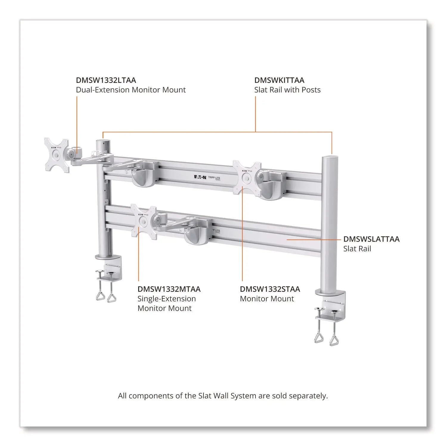 Tripp Lite by Eaton Slat Rail for Slat Wall System for 32" TVs, 3.39w x 1.8d x 41h, Silver, Supports 33 lb