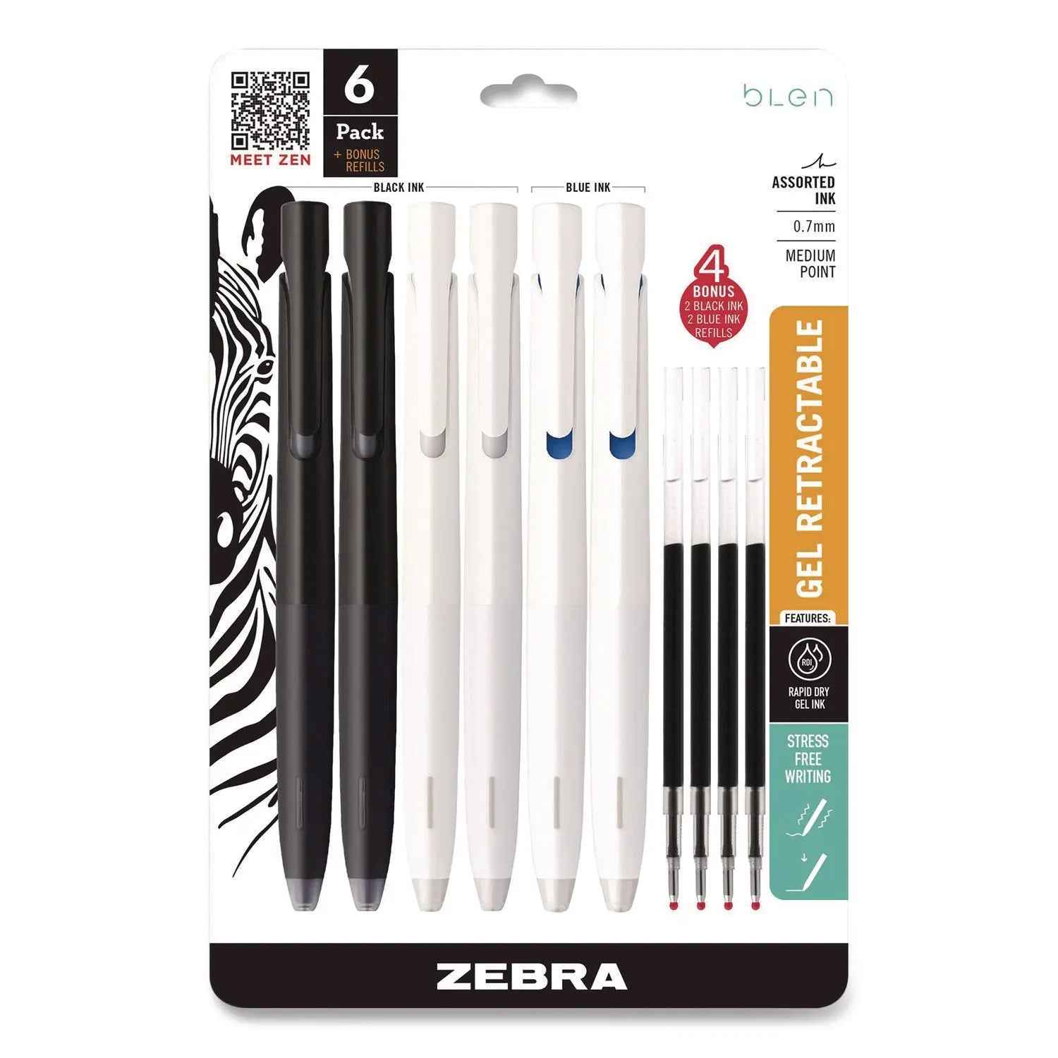 Zebra® bLen Gel Pen, Medium 0.7 mm, Black; Blue Ink, White; Black Barrel, 6/Pack