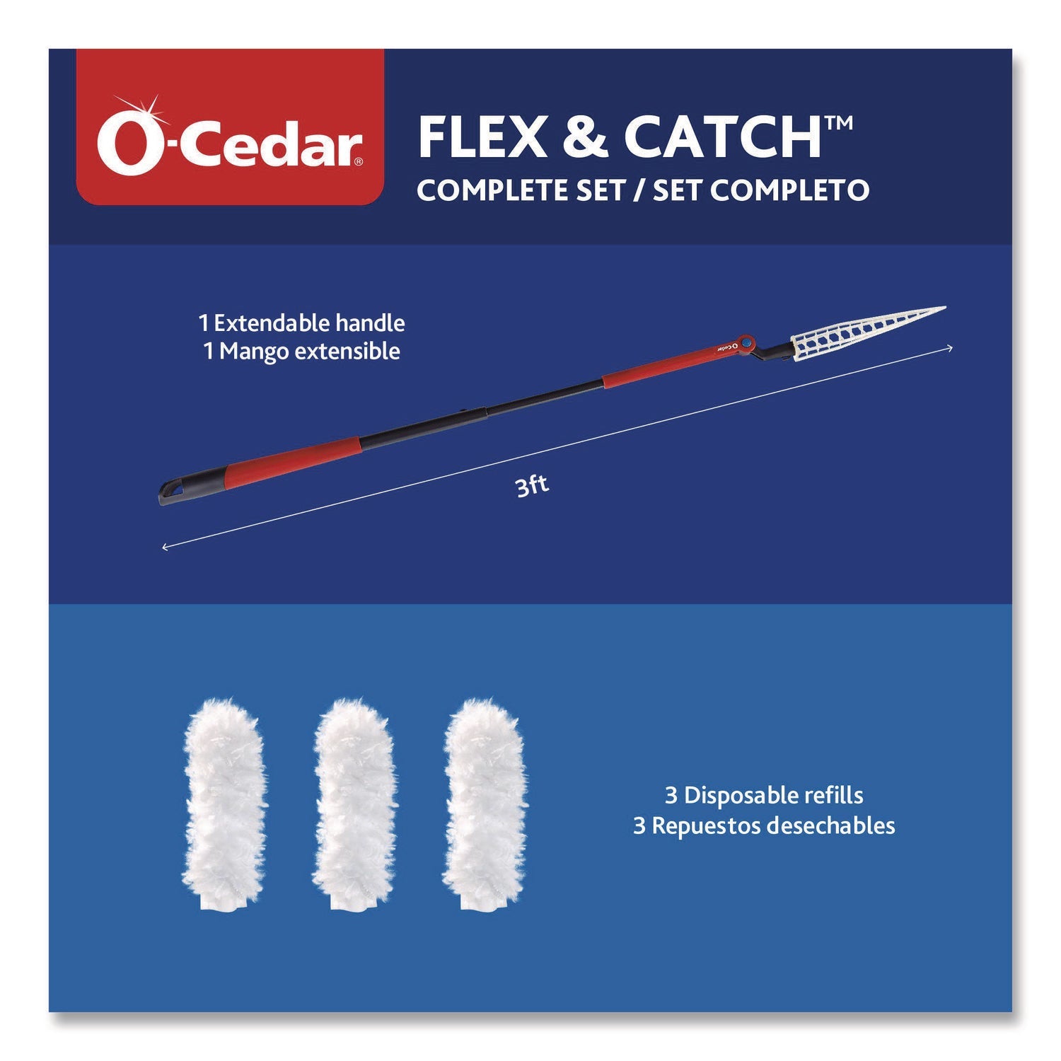O-Cedar® Flex and Catch Heavy-Duty Dusting Kit, 1 Duster Wand and 3 Refills, 6/Carton