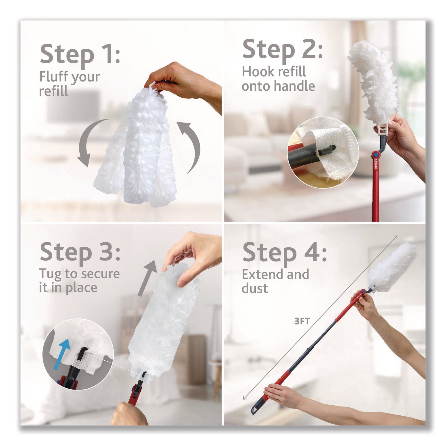 O-Cedar® Flex and Catch Heavy-Duty Dusting Kit, 1 Duster Wand and 3 Refills, 6/Carton