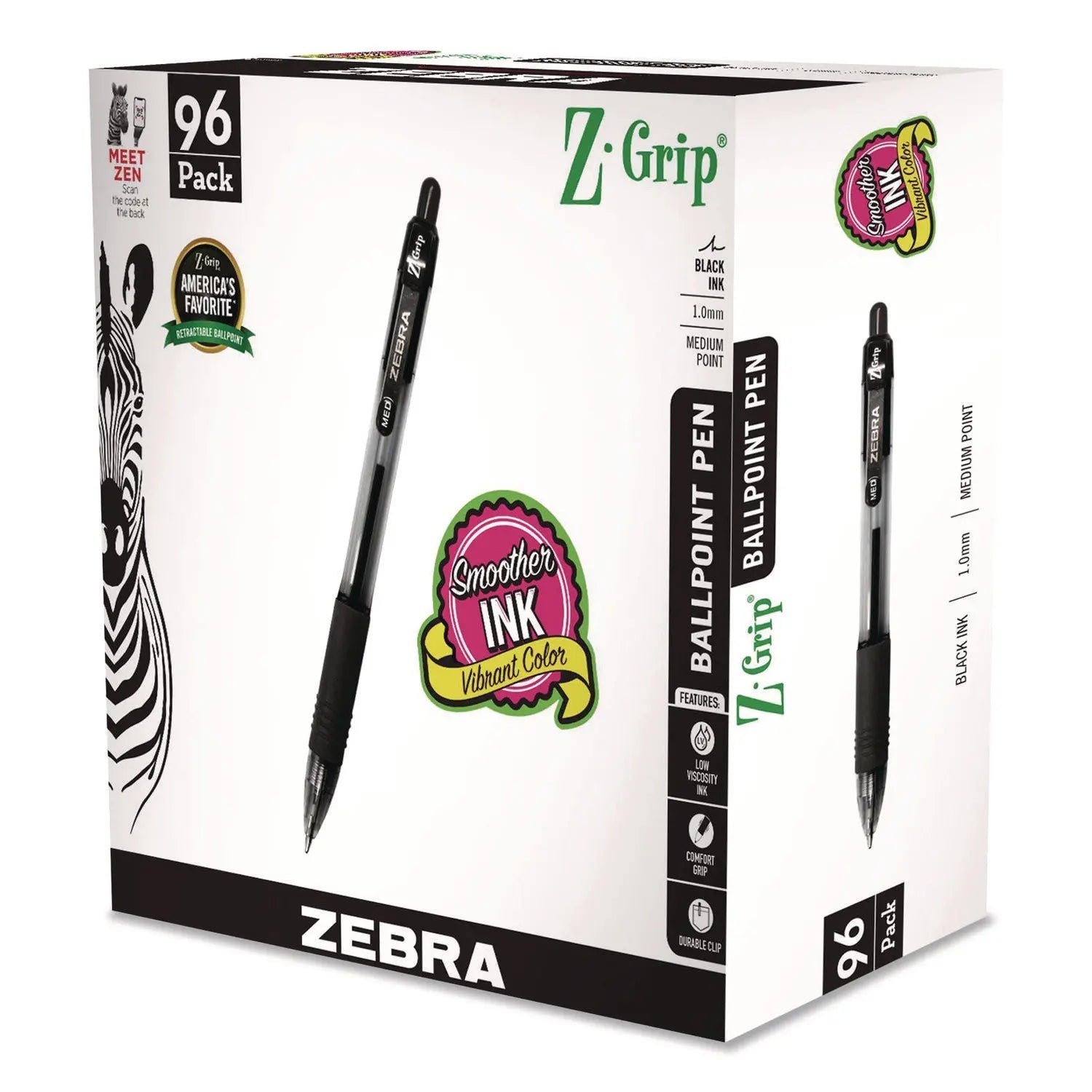 Zebra® Z-Grip Ballpoint Pen, Retractable, Medium, 1 mm, Black Ink, Clear/Black Barrel, 96/Pack