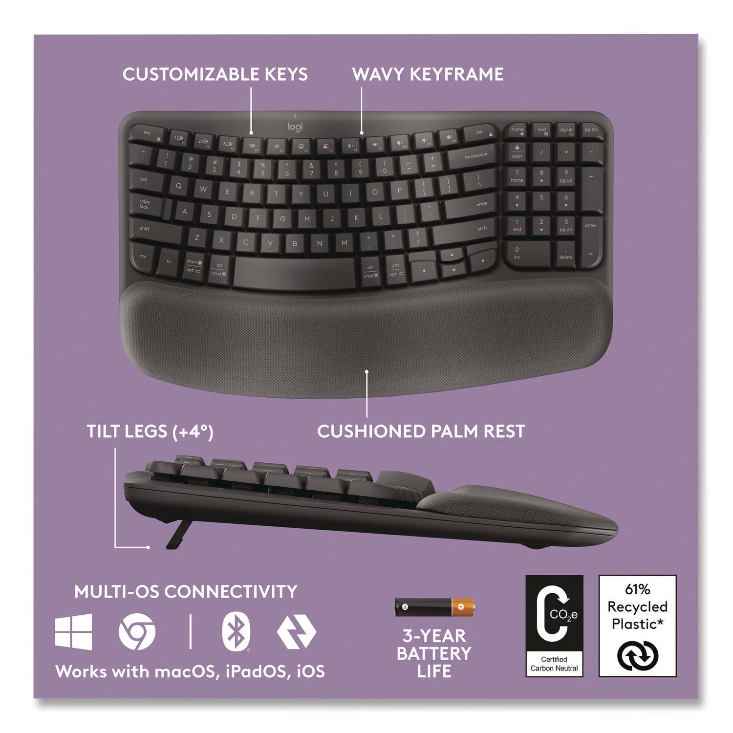 Logitech® Wave MK670 Wireless Ergonomic Keyboard and Signature M550L Mouse Combo, 2.4 GHz, Frequency/33 ft Wireless Range, Graphite