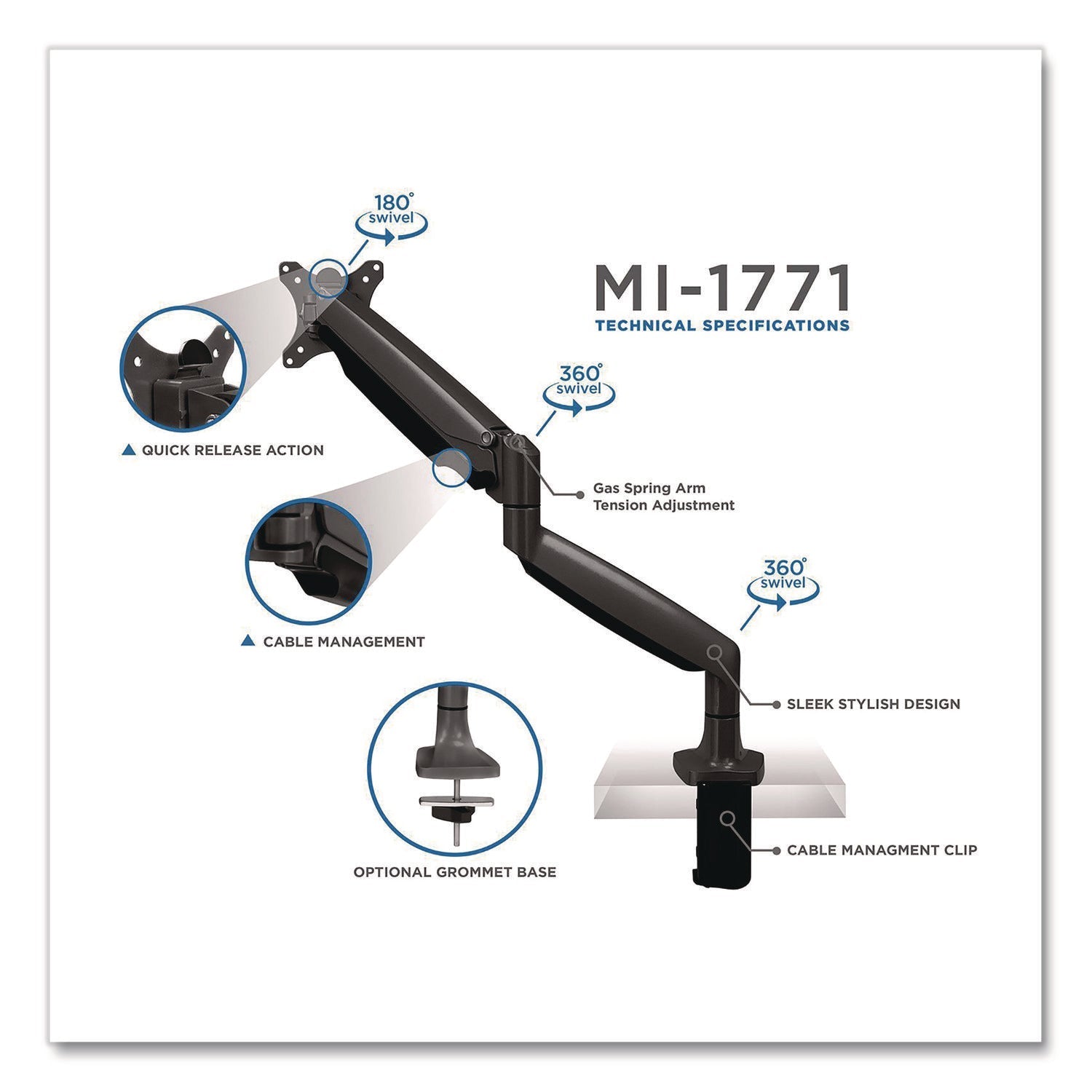 MOUNT-IT! Single Monitor Gas-Spring Mounting Arm, For 13" to 32" Monitors, 360 Degree Rotation, +/-45 Degree Tilt, Black, Supports 20lb - Bloom Skins