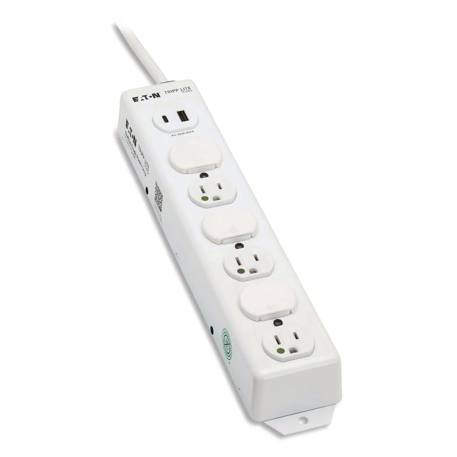 Tripp Lite by Eaton Safe-IT Medical-Grade Power Strip with Antimicrobial Protection, 6 Hospital-Grade Outlets, USB Charging, 2 ft Cord, White