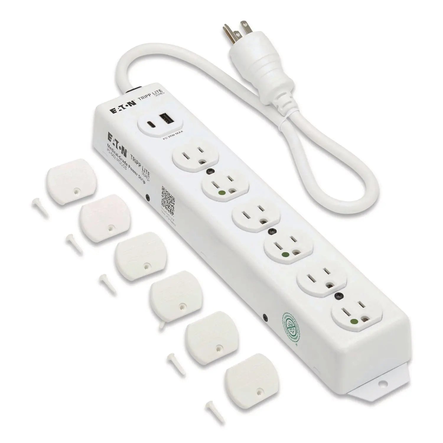 Tripp Lite by Eaton Safe-IT Medical-Grade Power Strip with Antimicrobial Protection, 6 Hospital-Grade Outlets, USB Charging, 2 ft Cord, White