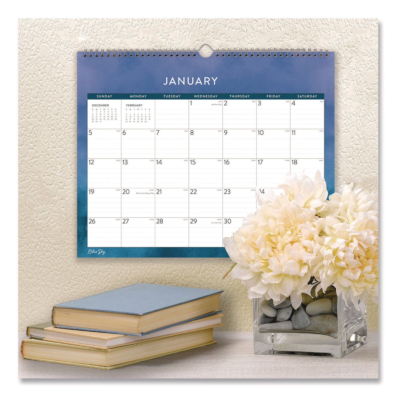 Blue Sky® Savoy Cool Monthly Wall Calendar, Abstract Artwork, 15 x 12, White/Blue Sheets, 12-Month (Jan to Dec): 2025 - Bloom Skins