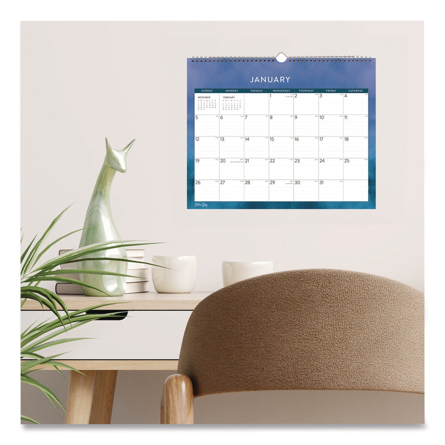 Blue Sky® Savoy Cool Monthly Wall Calendar, Abstract Artwork, 15 x 12, White/Blue Sheets, 12-Month (Jan to Dec): 2025 - Bloom Skins