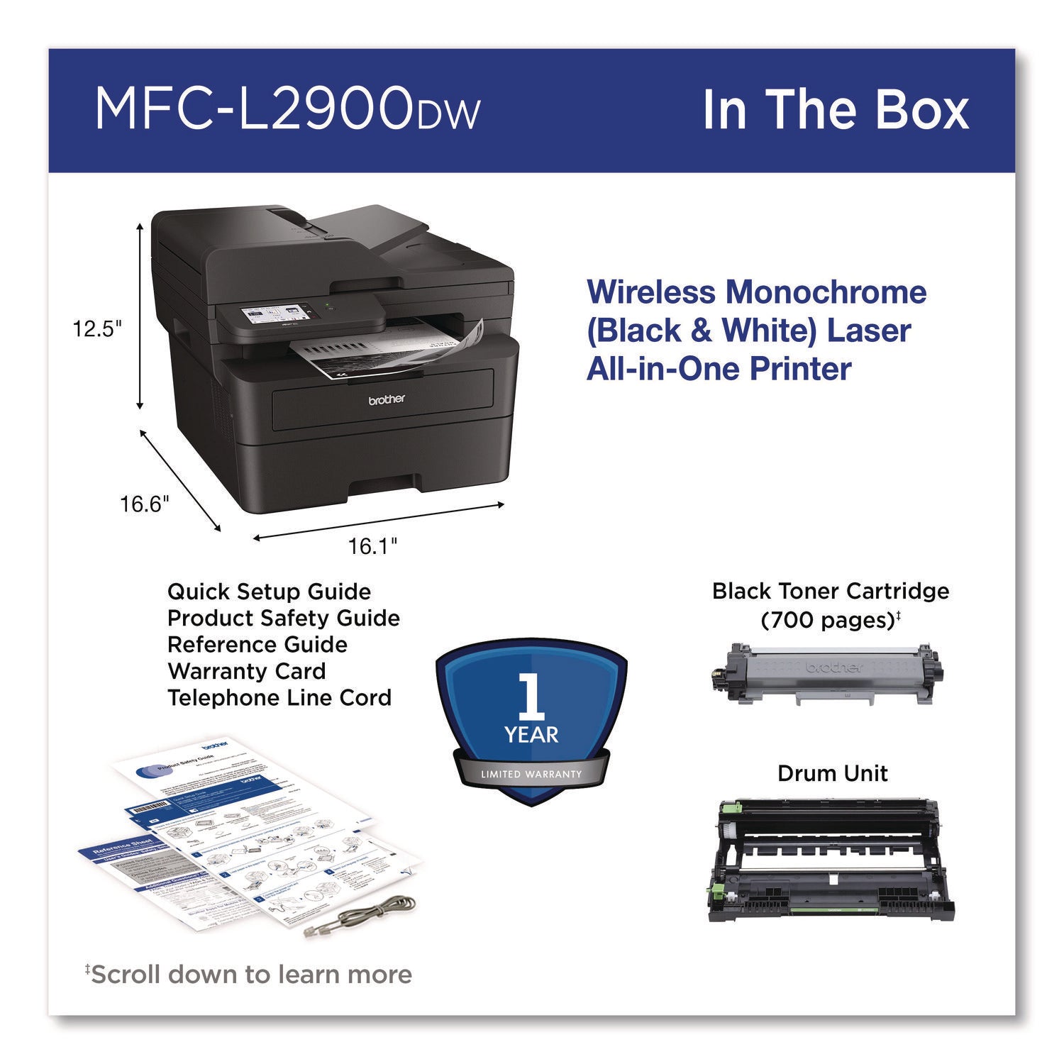 Brother Wireless MFC-L2900DW Compact Monochrome AIO Laser Printer, Copy/Fax/Print/Scan