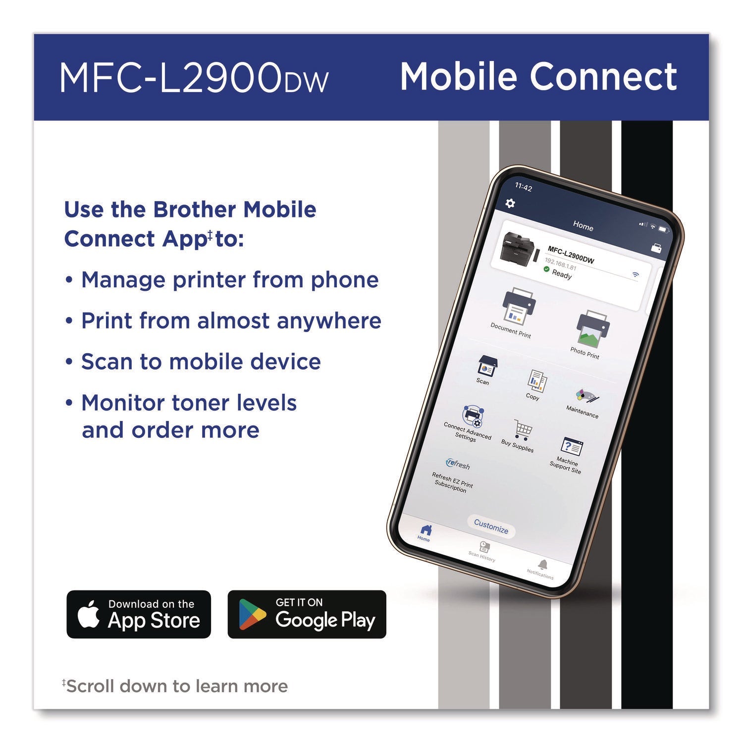 Brother Wireless MFC-L2900DW Compact Monochrome AIO Laser Printer, Copy/Fax/Print/Scan