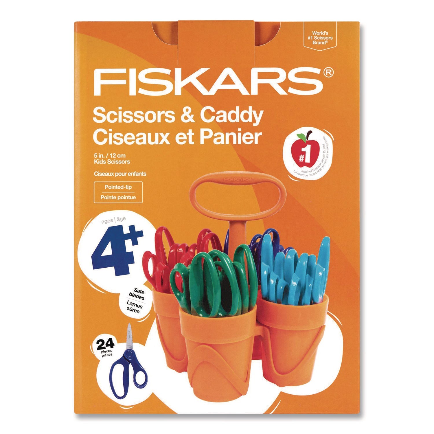 Fiskars® Classpack Scissors Caddy, Pointed Tip, 5" Long, 1.6" Cut Length, Straight Asst Color Handles: Blue/Green/Lt Blue/Red, 24/Set