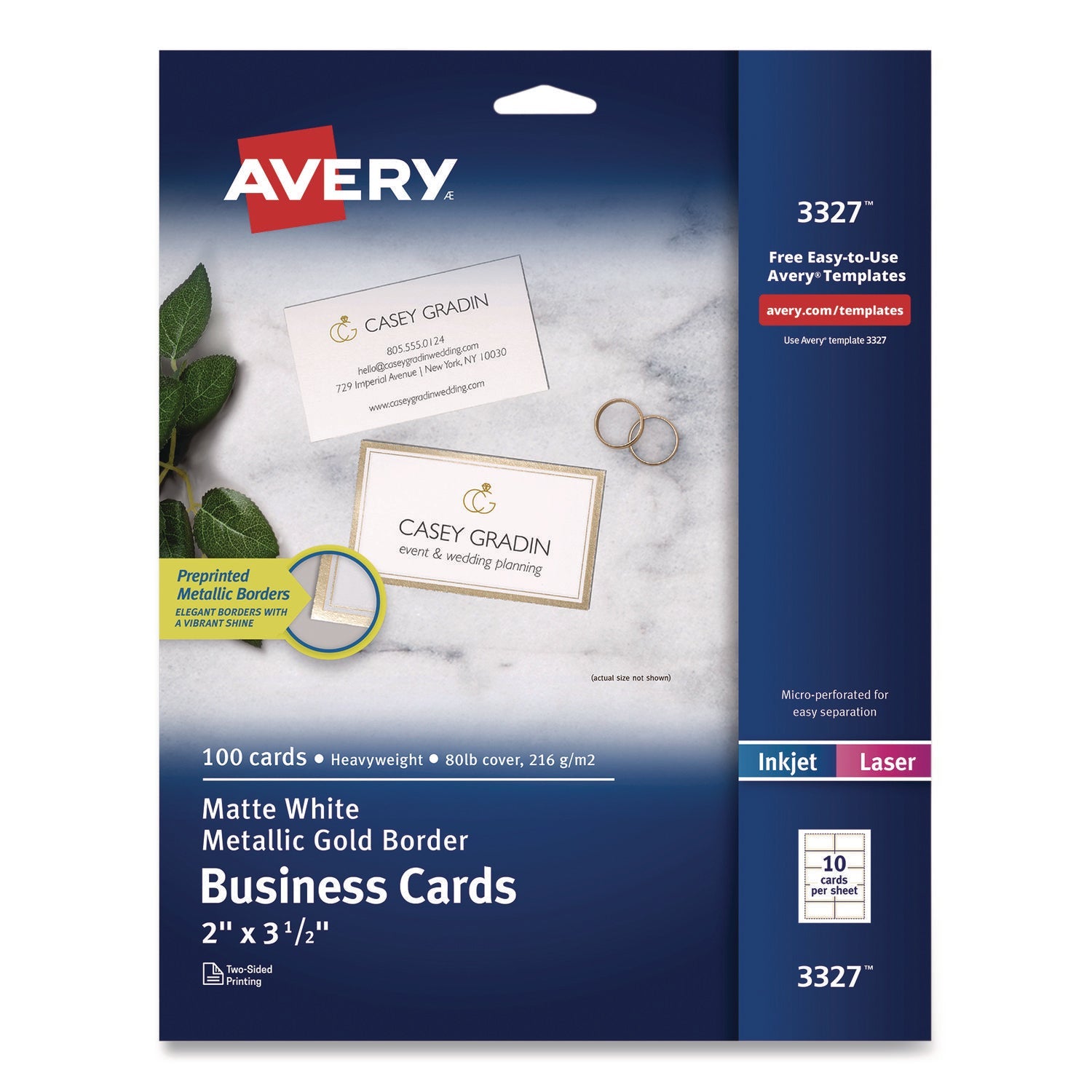 Avery® Business Cards with Metallic Gold Borders, Inkjet/Laser, 2 x 3.5, White, 100 Cards, 10 Cards/Sheet, 10 Sheets/Pack