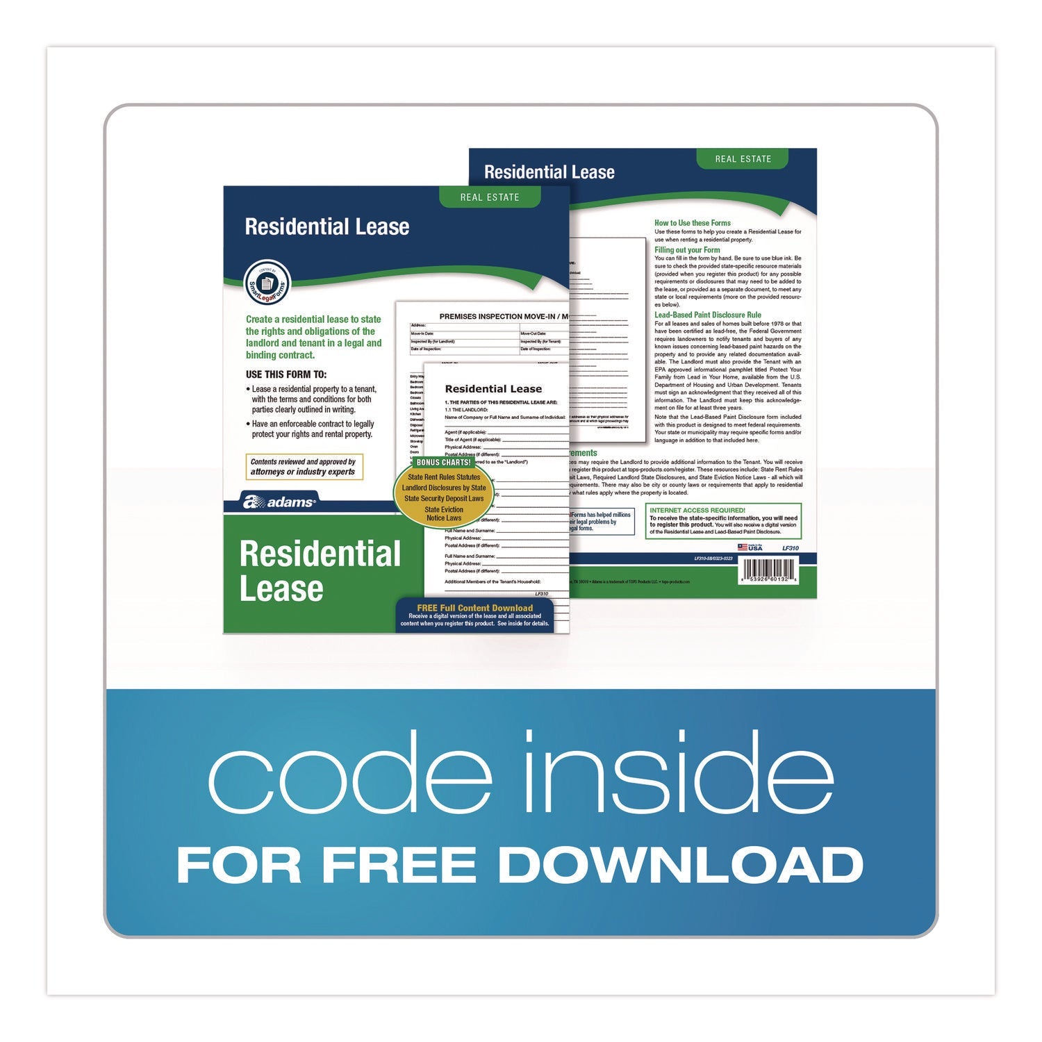 Adams® Residential Lease Form Sets with Instructions and Free Download, One-Part (No Copies), 8.5 x 11, 4 Forms/Set, 4 Sets/Pack
