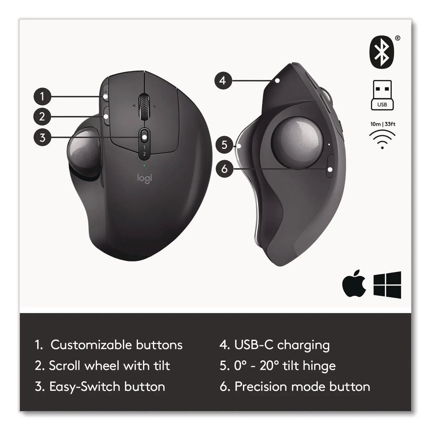 Logitech® MX Ergo Plus Advanced Wireless Trackball Mouse, 2.4 GHz Frequency/33 ft Wireless Range, Right Hand Use, Black