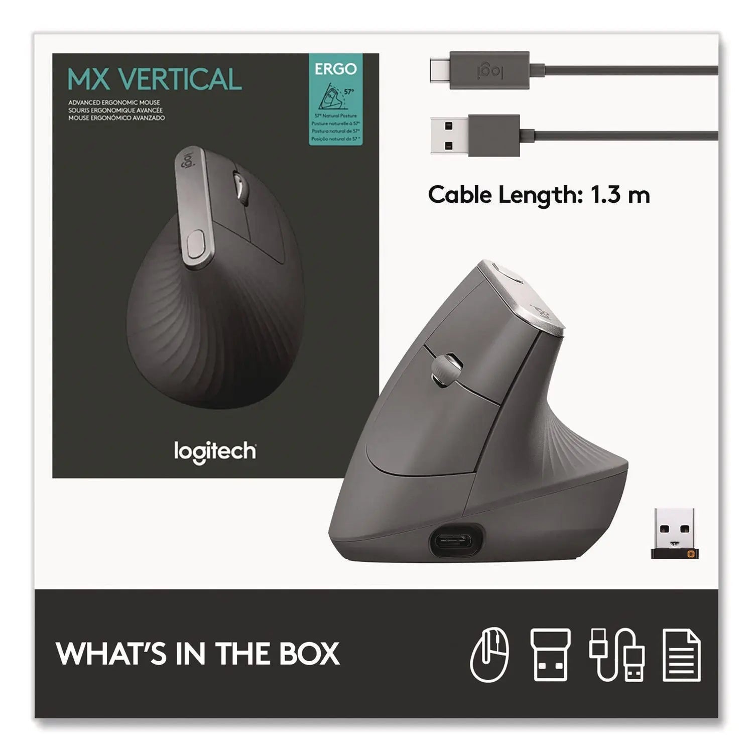 Logitech® MX Vertical Advanced Ergonomic Mouse, 2.4 GHz Frequency/33 ft Wireless Range, Left/Right Hand Use, Graphite