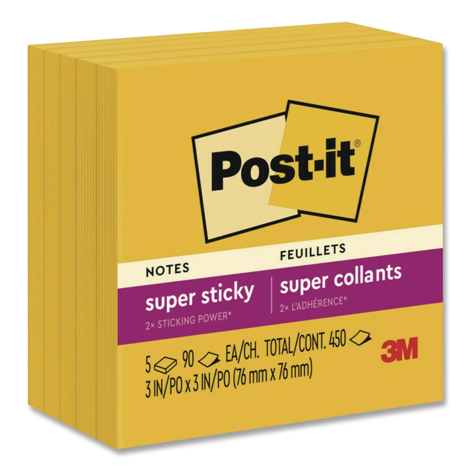 Post-it® Notes Super Sticky Super Sticky Note Pads in Playful Primary Colors, 3 x 3, Sunnyside, 90 Sheets/Pad, 5 Pads/Pack