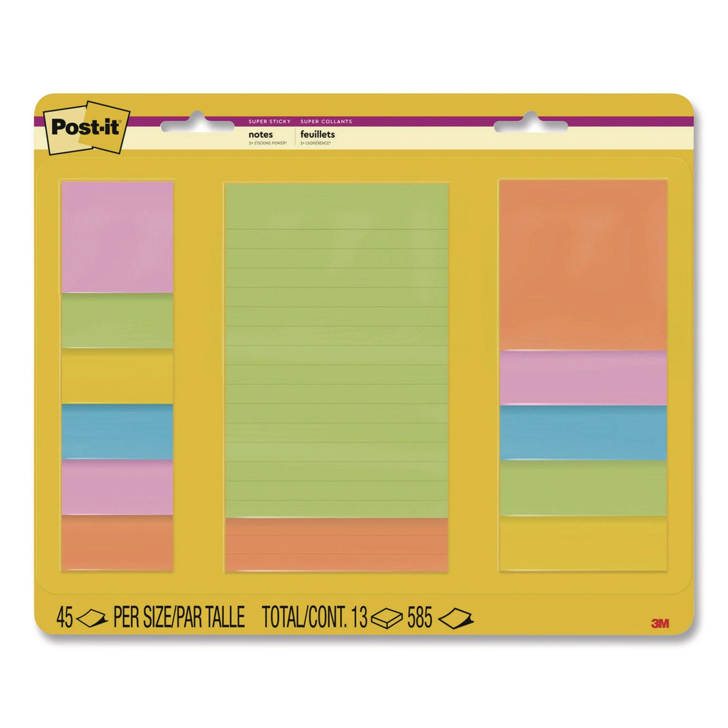 Post-it® Notes Super Sticky Super Sticky Pads in Energy Boost Colors, (11) Unruled, (2) Ruled, Assorted Sizes/Colors, 45 Sheets/Pad, 13 Pads/Pack