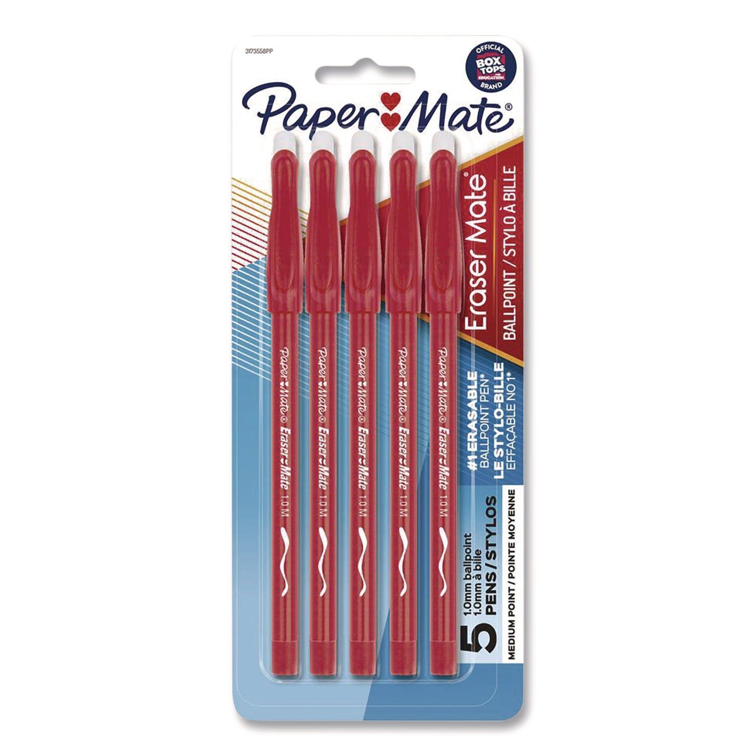 Paper Mate® Eraser Mate Ballpoint Pen, Stick, Medium 1 mm, Red Ink, Red Barrel, 5/Pack