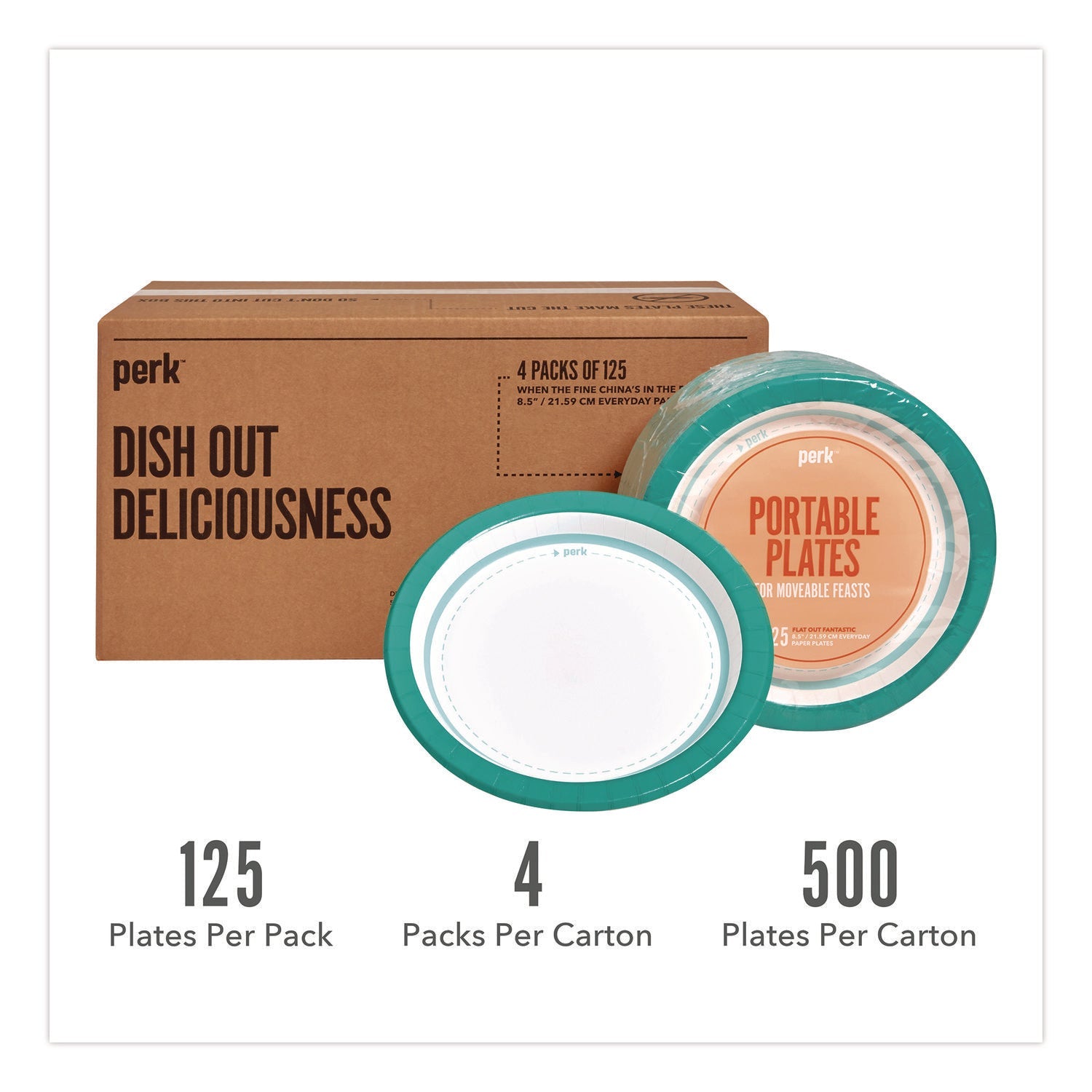 Perk™ Medium-Weight Paper Plates, 8.5" dia, White/Teal, 500/Carton