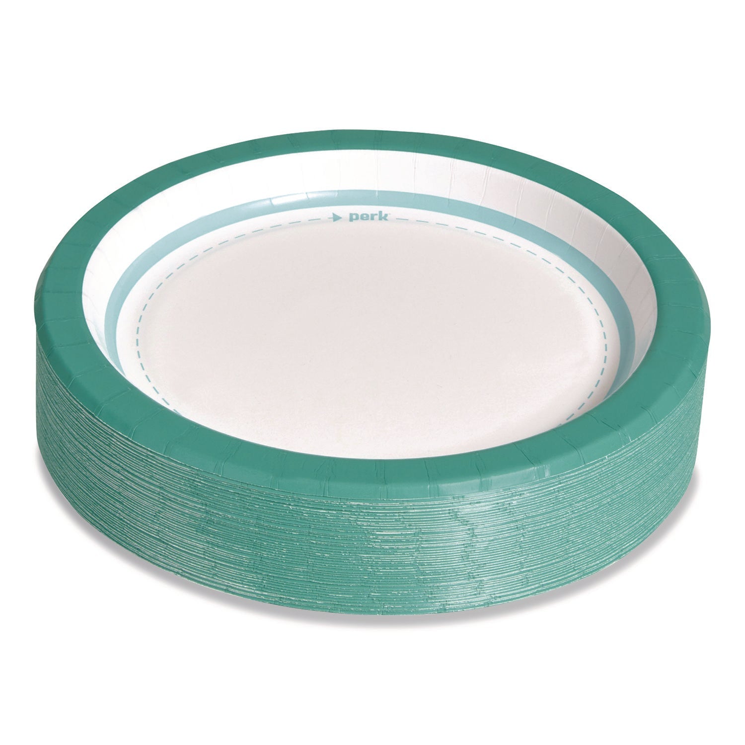 Perk™ Medium-Weight Paper Plates, 8.5" dia, White/Teal, 500/Carton