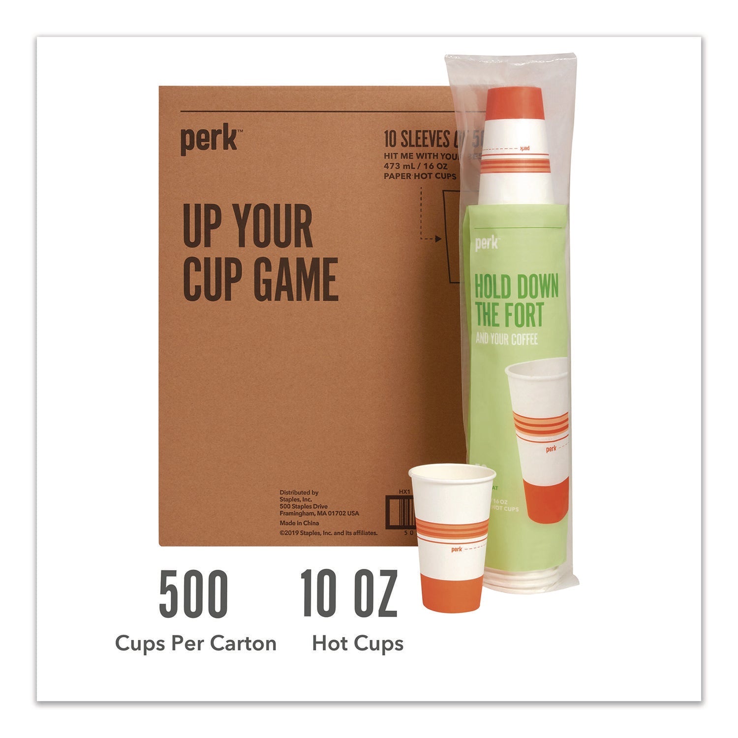 Perk™ Paper Hot Cups, 16 oz, White/Orange, 500/Carton