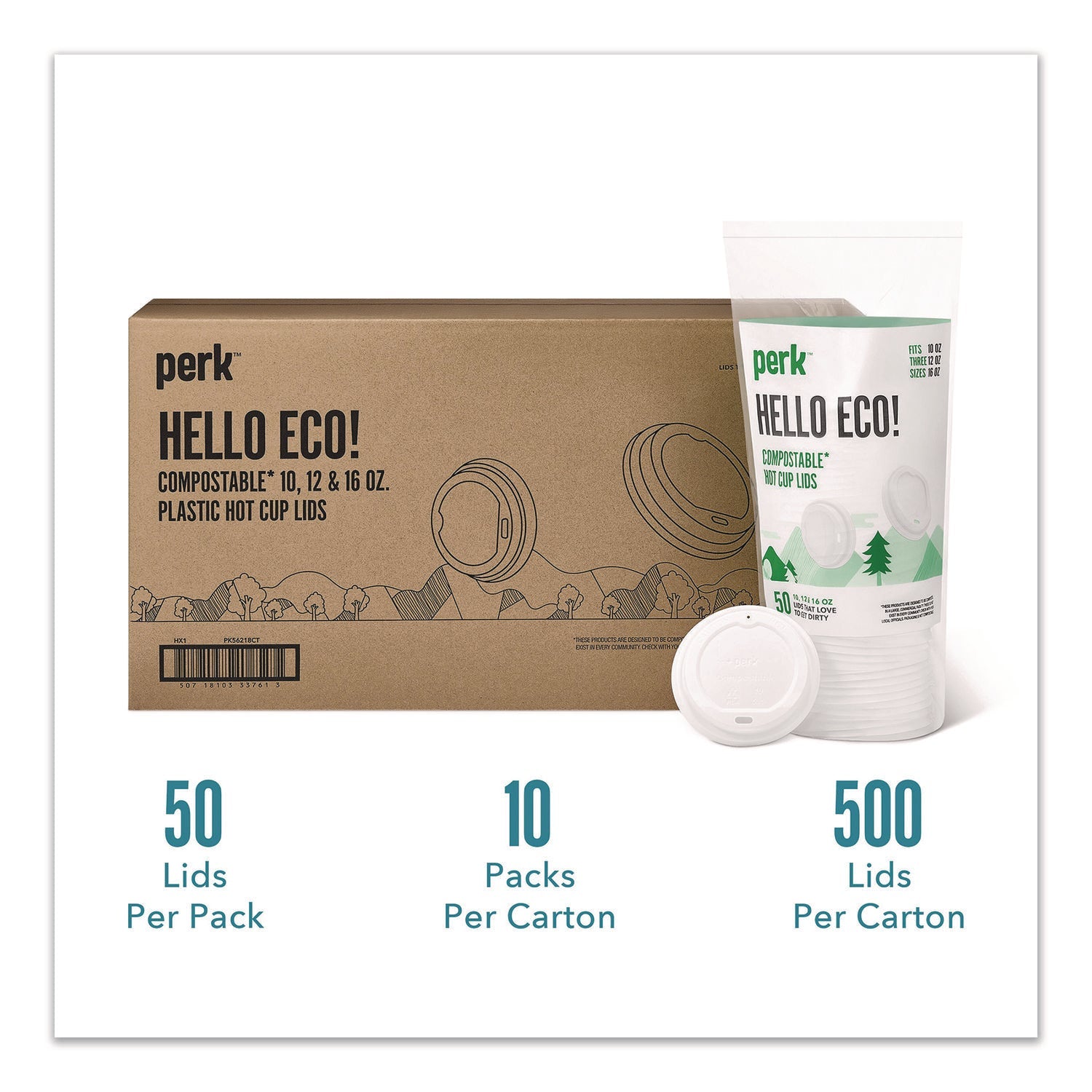 Perk™ Compostable Plastic Hot Cup Lids, Fits 10 oz to 16 oz Hot Cups, Plastic, White, 500/Carton