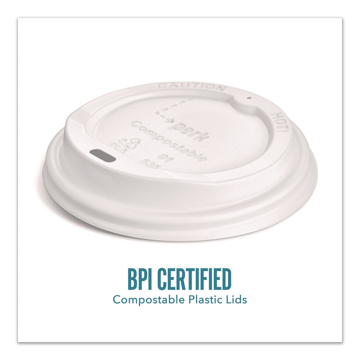 Perk™ Compostable Plastic Hot Cup Lids, Fits 10 oz to 16 oz Hot Cups, Plastic, White, 500/Carton