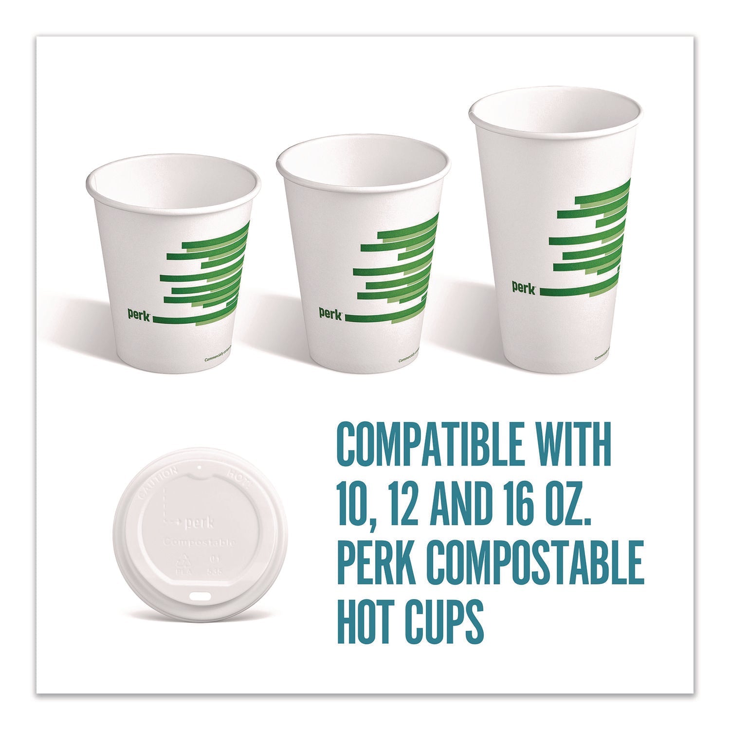 Perk™ Compostable Plastic Hot Cup Lids, Fits 10 oz to 16 oz Hot Cups, Plastic, White, 500/Carton