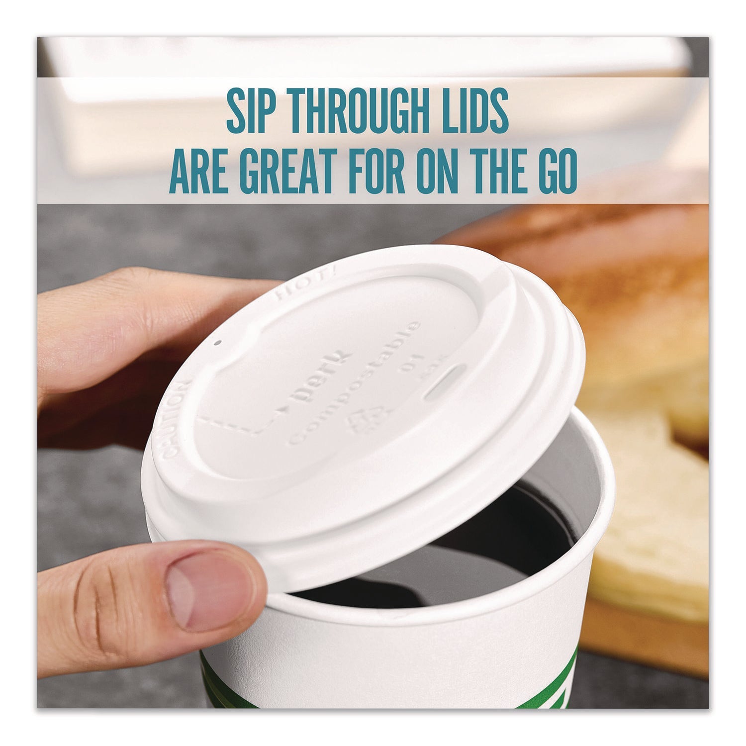 Perk™ Compostable Plastic Hot Cup Lids, Fits 10 oz to 16 oz Hot Cups, Plastic, White, 500/Carton