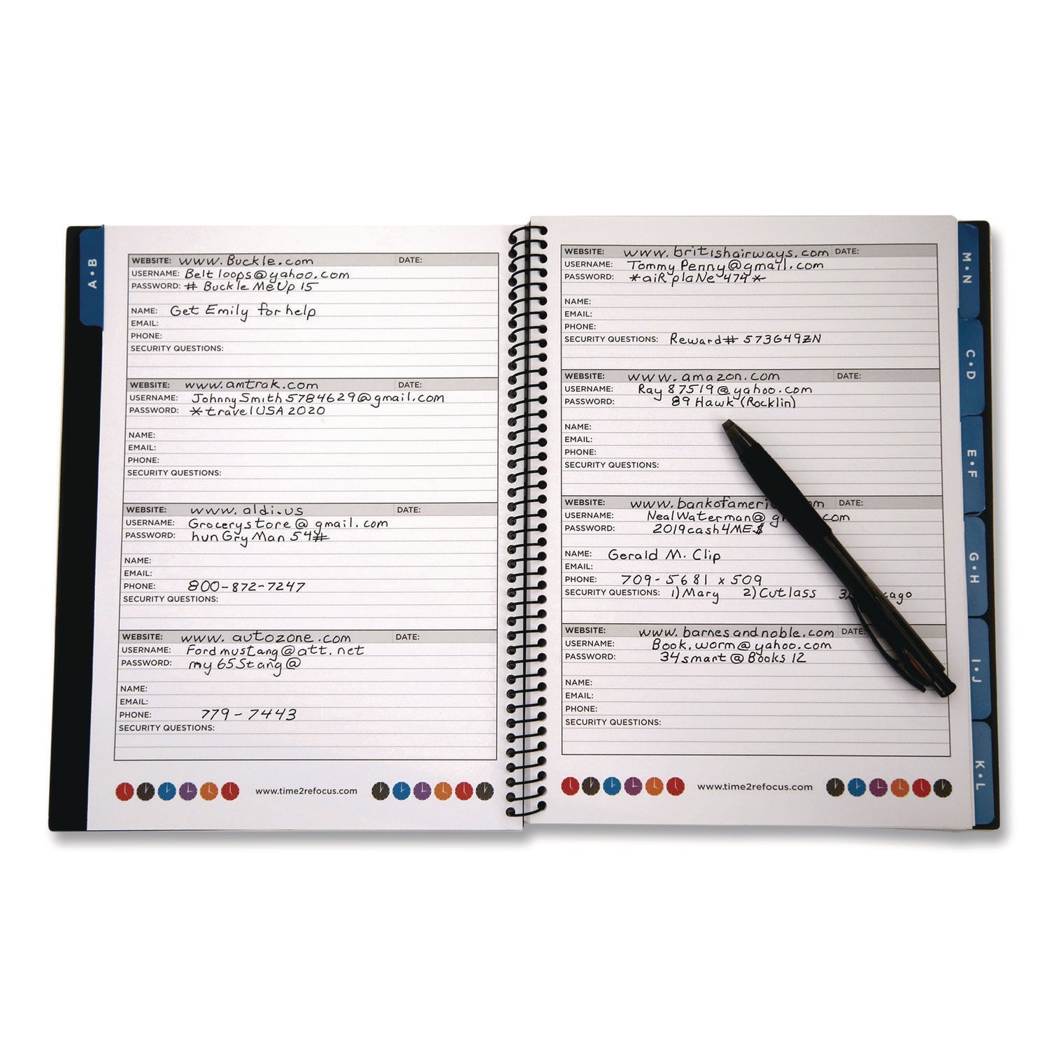 RE-Focus The Creative Office Large Password Log Book, 384 Total Entries, 4 Entries/Page, Black Plastic Cover, (48) 10 x 7.5 Sheets