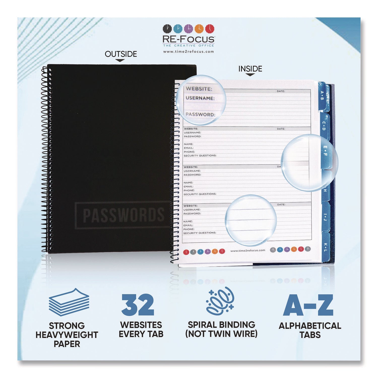 RE-Focus The Creative Office Large Password Log Book, 384 Total Entries, 4 Entries/Page, Black Plastic Cover, (48) 10 x 7.5 Sheets