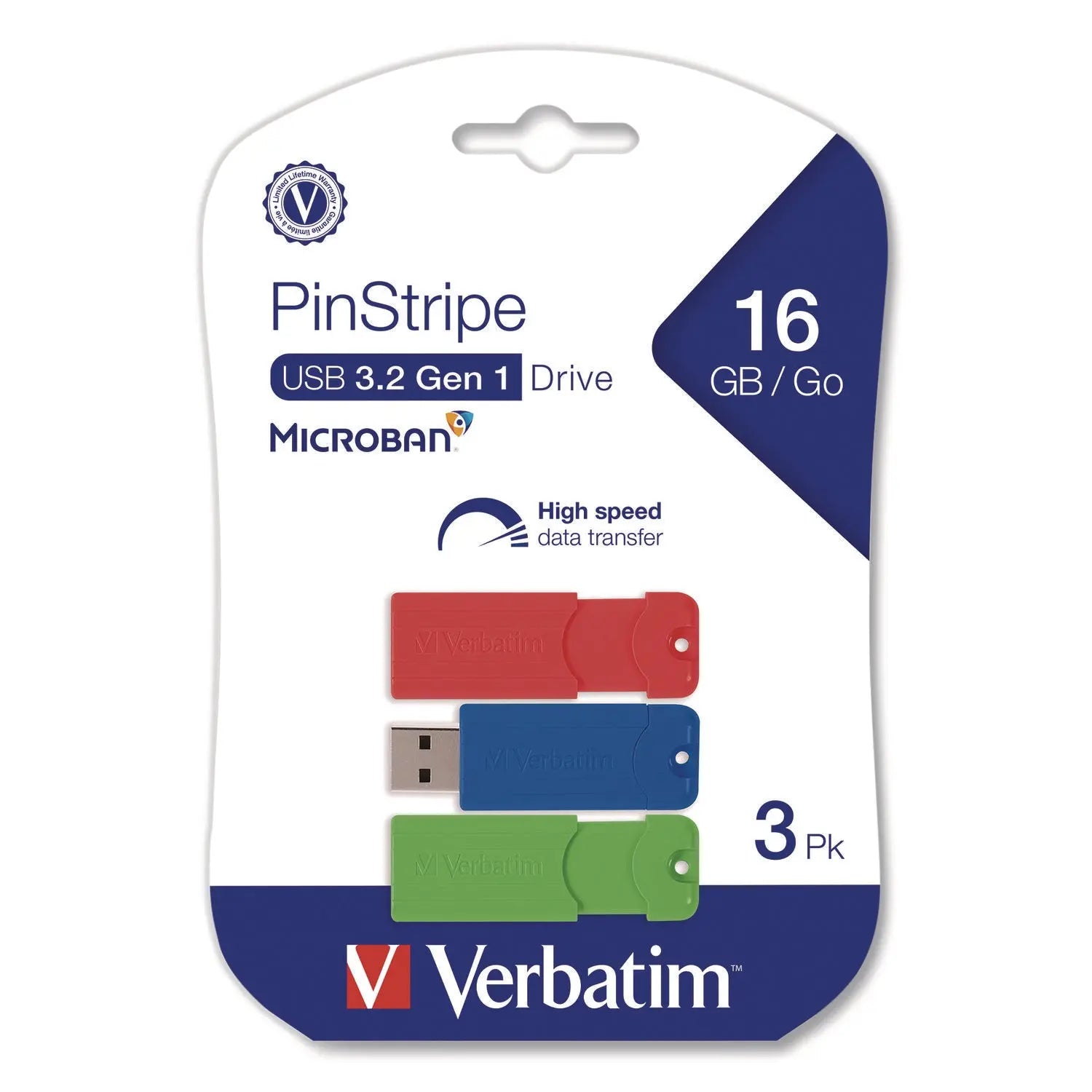 Verbatim® PinStripe USB 3.2 Flash Drive, 16 GB, Blue/Green/Red, 3/Pack