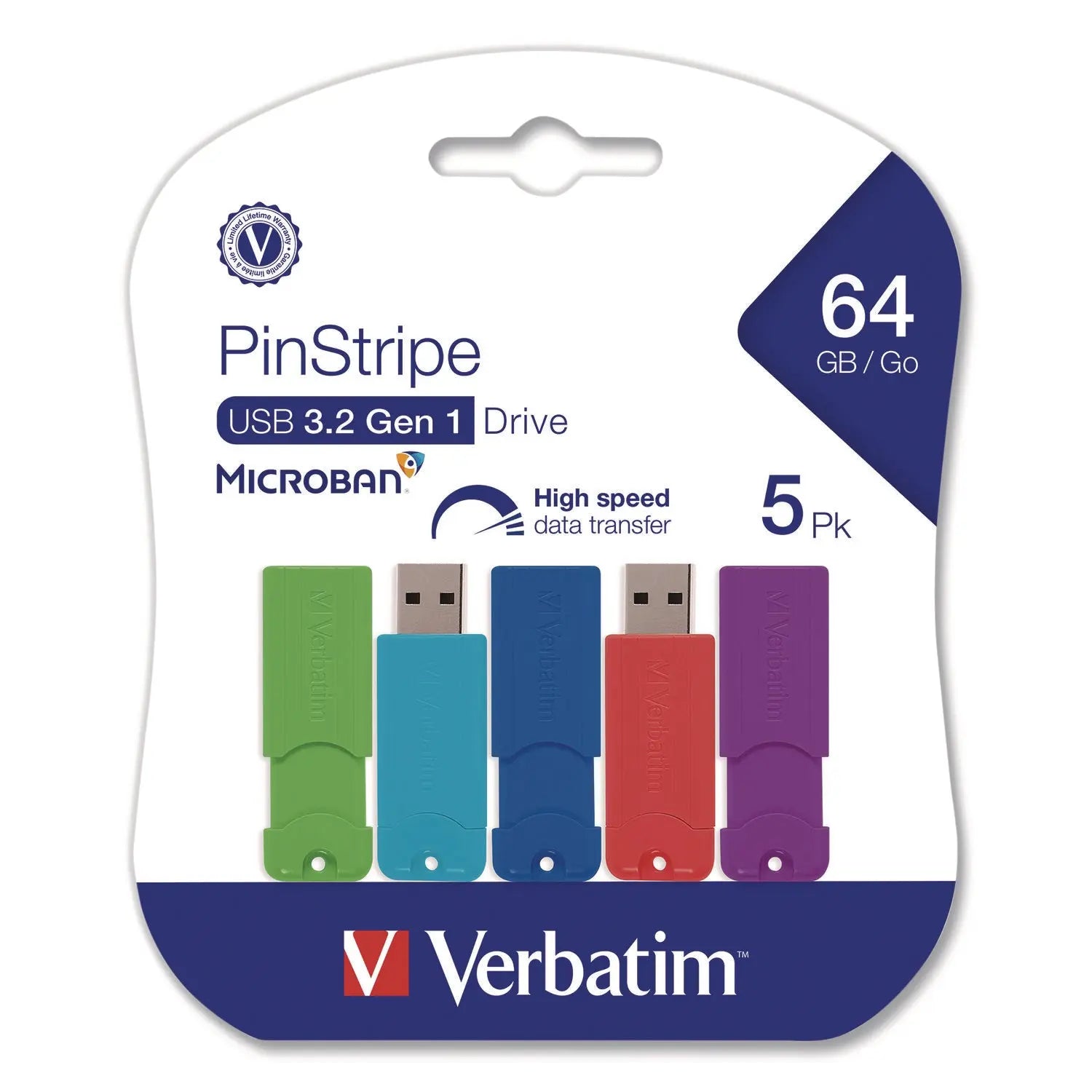 Verbatim® PinStripe USB 3.2 Flash Drive, 64 GB, Assorted Colors, 5/Pack