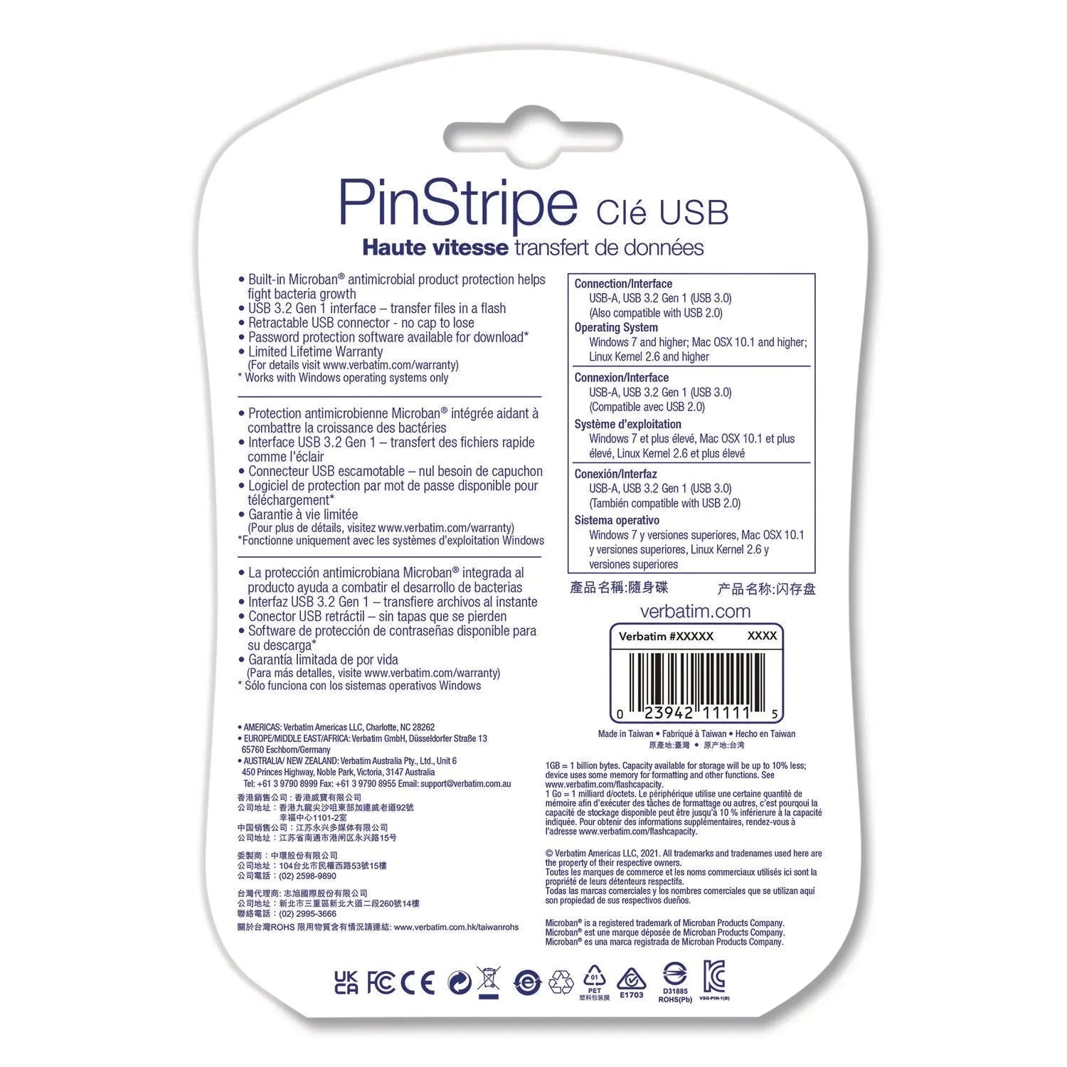 Verbatim® PinStripe USB 3.0 Flash Drive, 128 GB, Blue/Green/Red, 3/Pack
